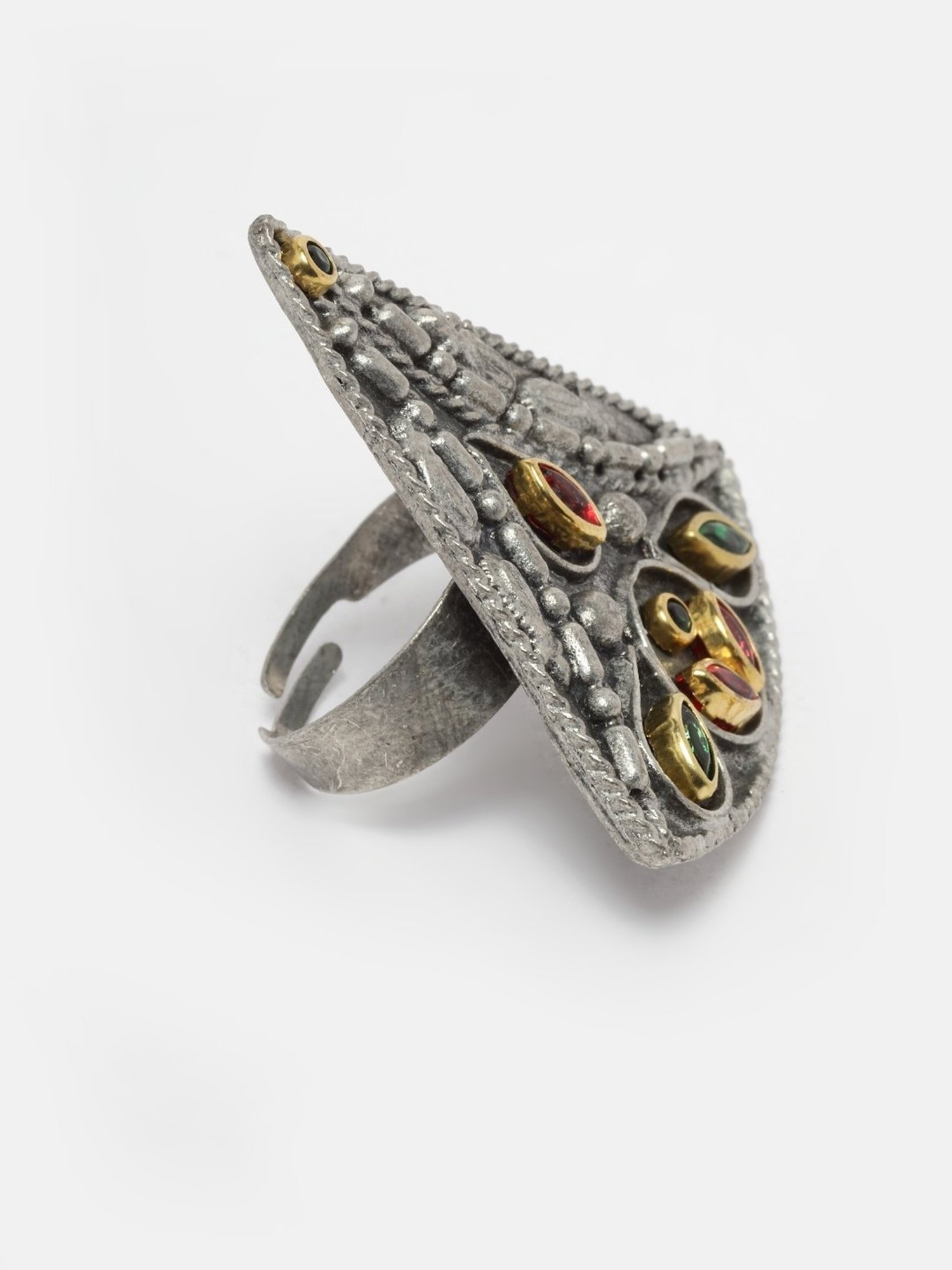 Moedbuille Handcrafted Crystals Studded Antique Tribal Design Oxidised Silver Plated Finger Ring