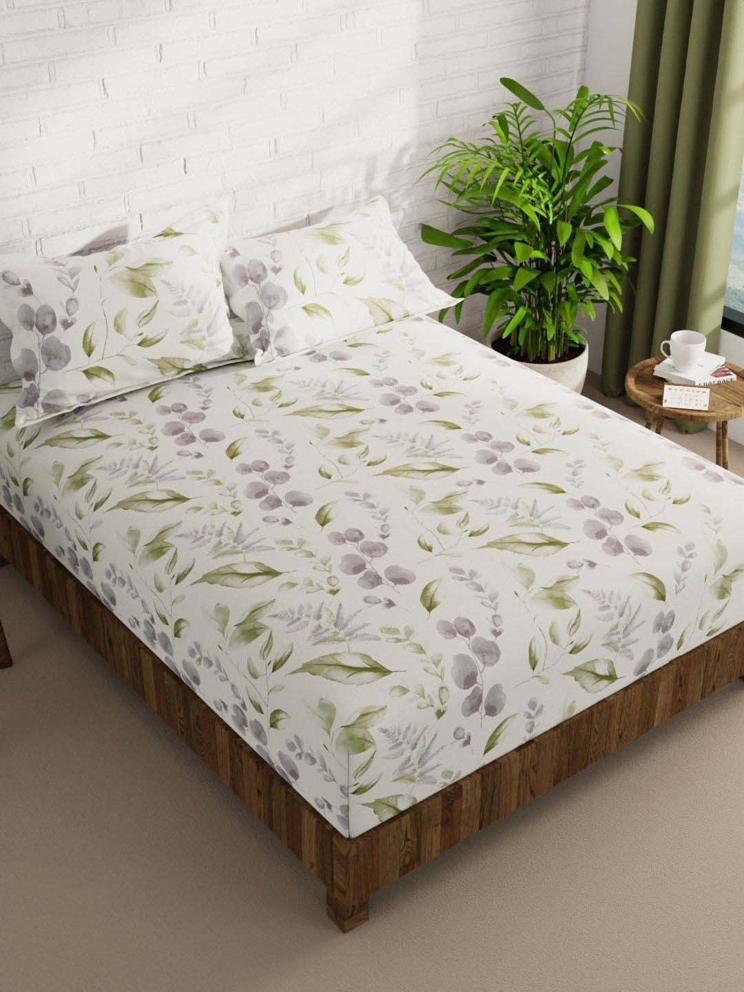 Bianca La-vogue White & Olive Microfibre 152 TC Extra Smooth Double Size Bed Sheet with Pillow Cover