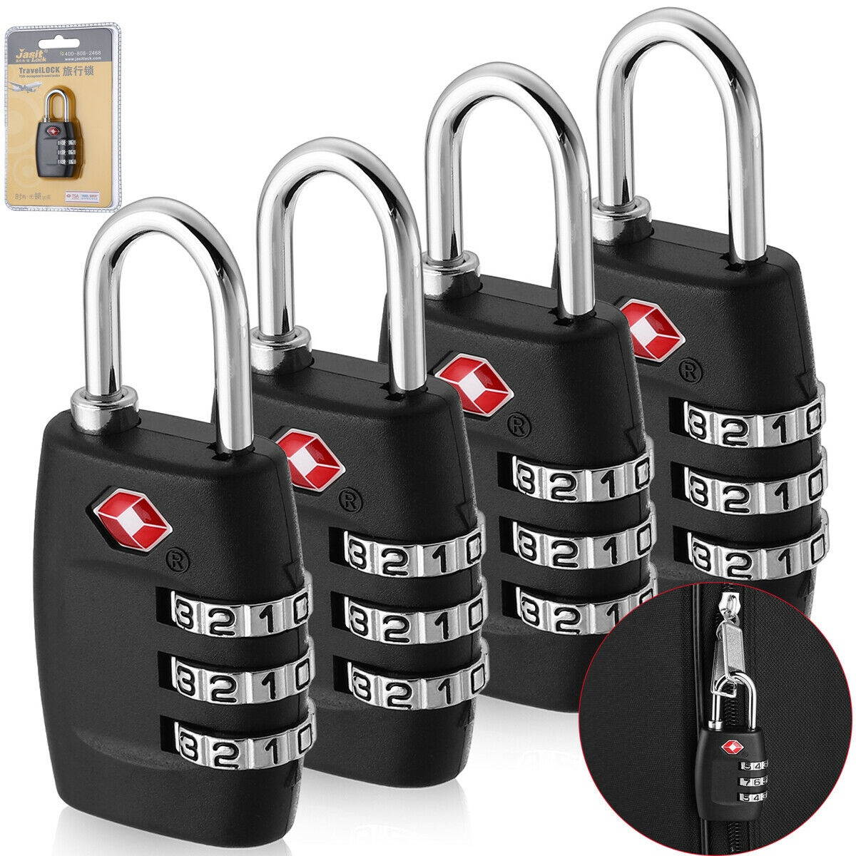 4pcs TSA Lock Travel Luggage 3 Digit Combinon Resettable Suitcase Padlock