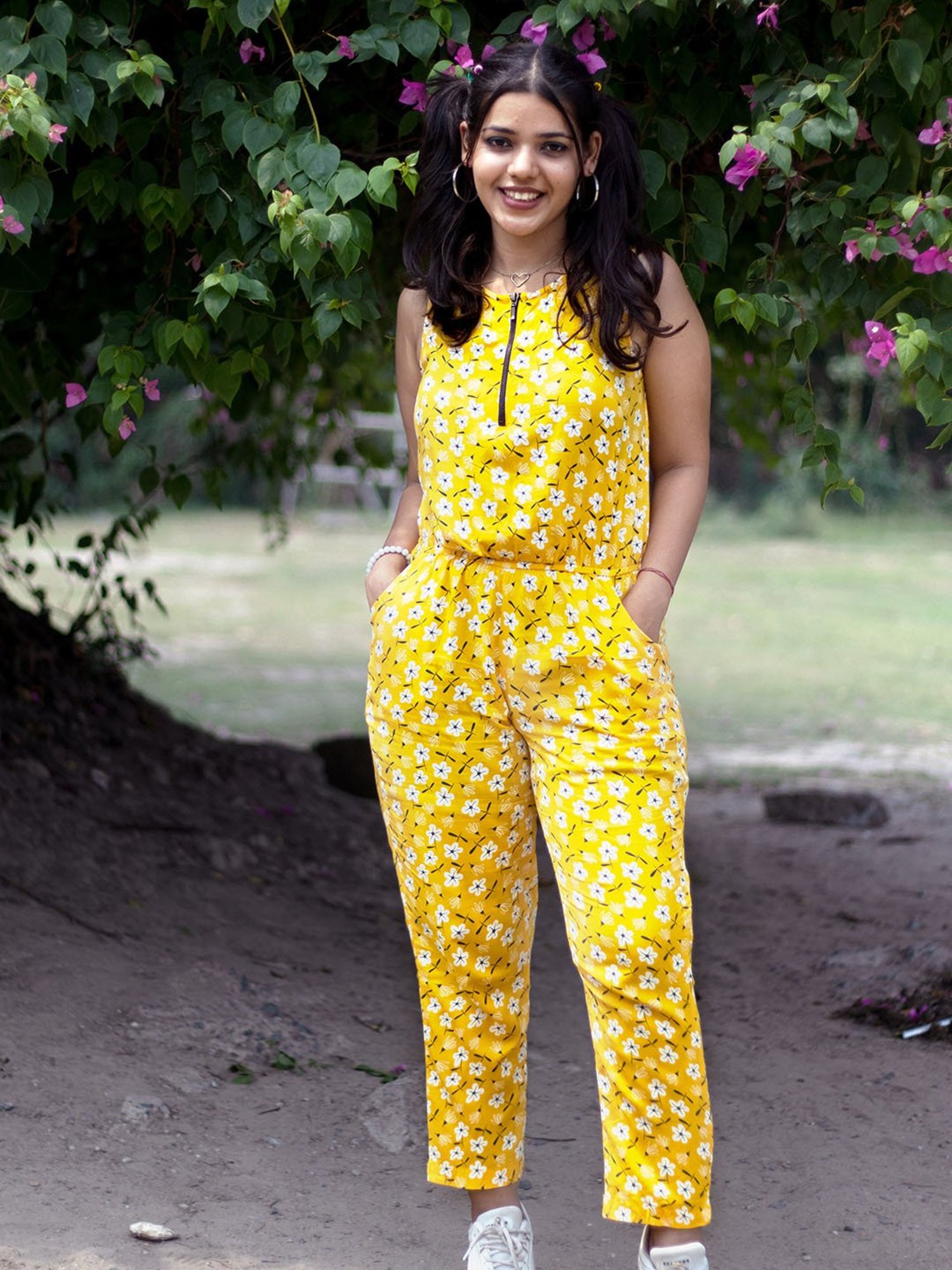 TeenTrums Girls Yellow Floral Print Jumpsuit