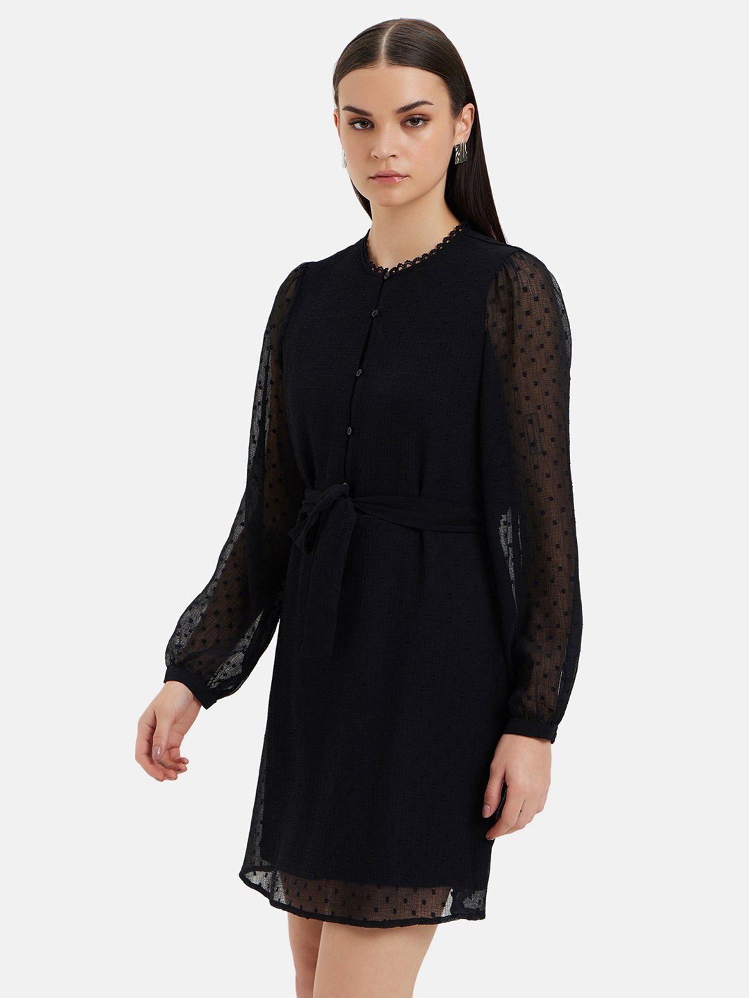 Kazo Black Self Design A Line dress