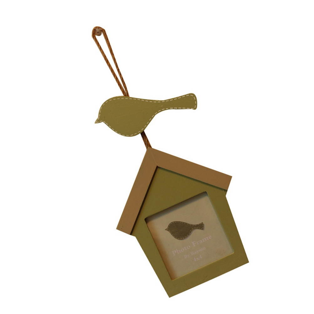 Sing Bird House Combination Photo Frame Hangable Wooden Photo Wall with String Decorative Green Picture Frame Gift Home Decor