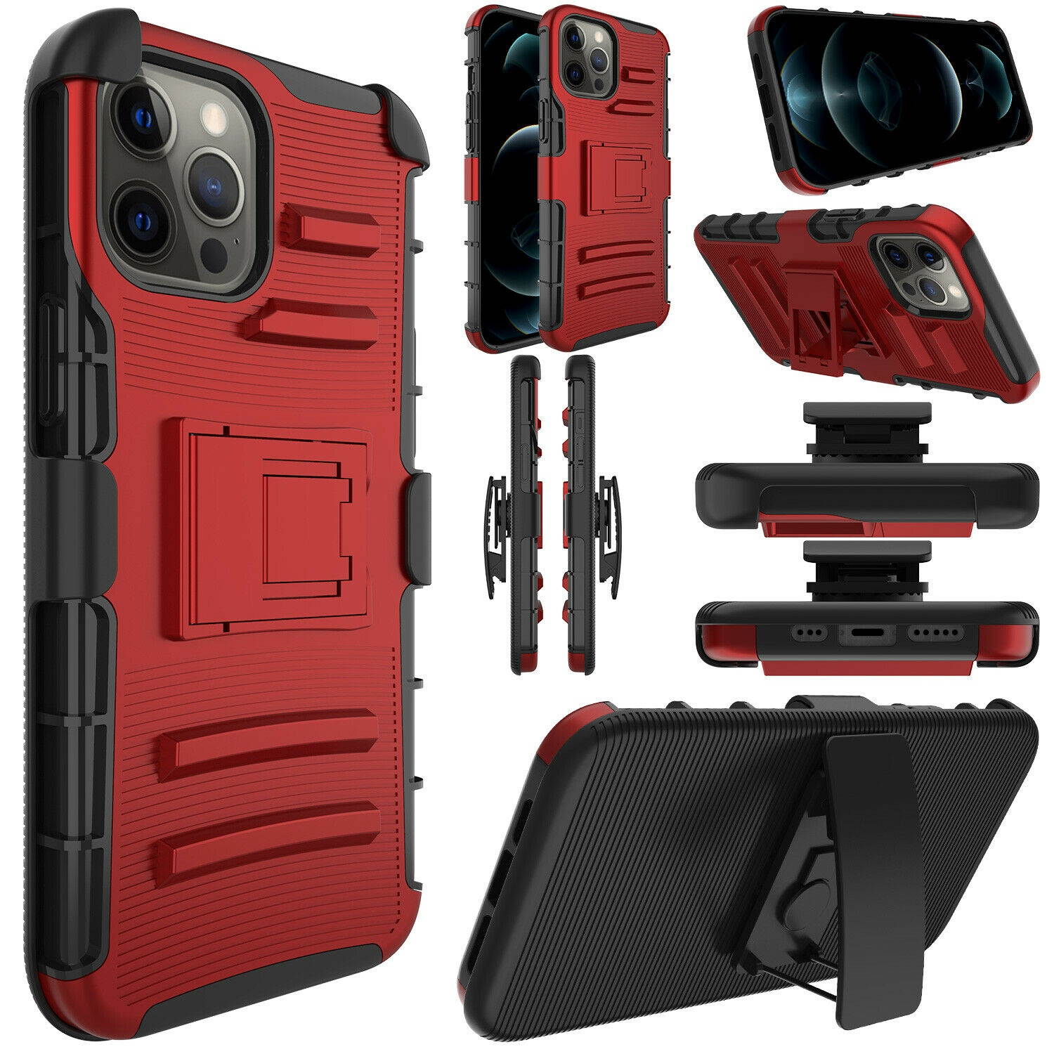 For iPhone 12 Pro Max Rugged Shockproof Holster Kickstand Belt Clip Case Cover
