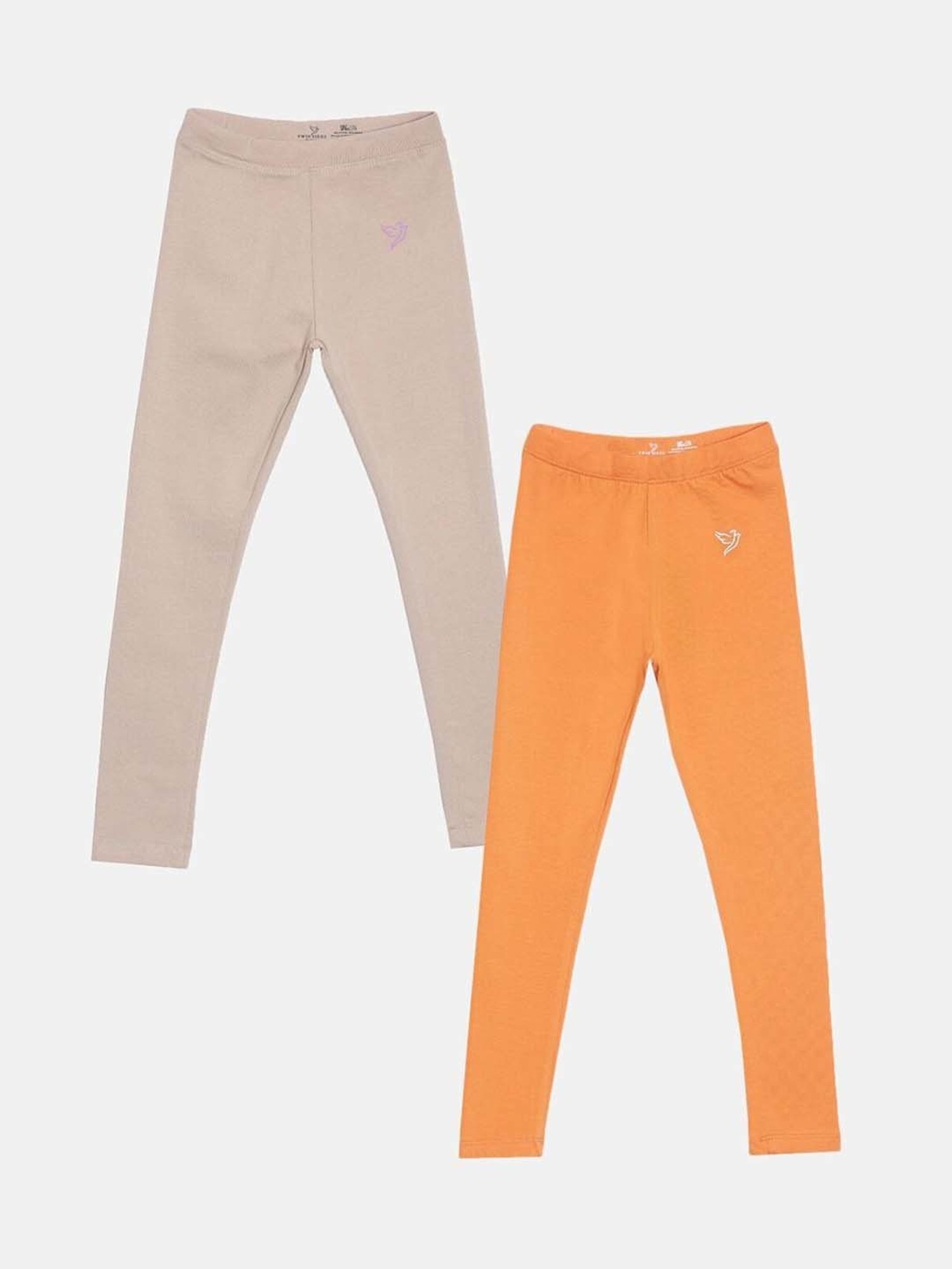 TWIN BIRDS Kids Orange & Beige Cotton Regular Fit Leggings (Pack of 2)