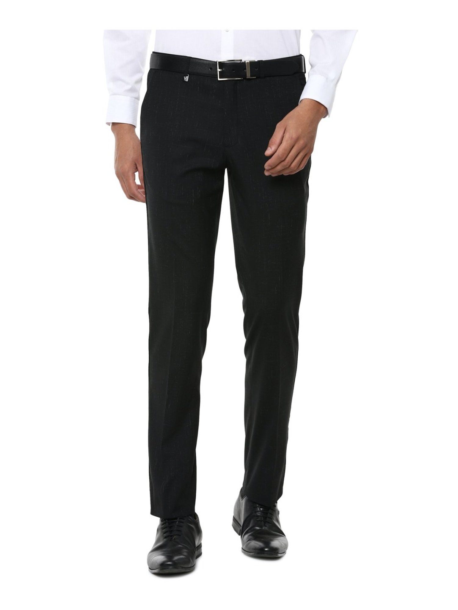 V Dot Black Skinny Fit Self Pattern Flat Front Trousers