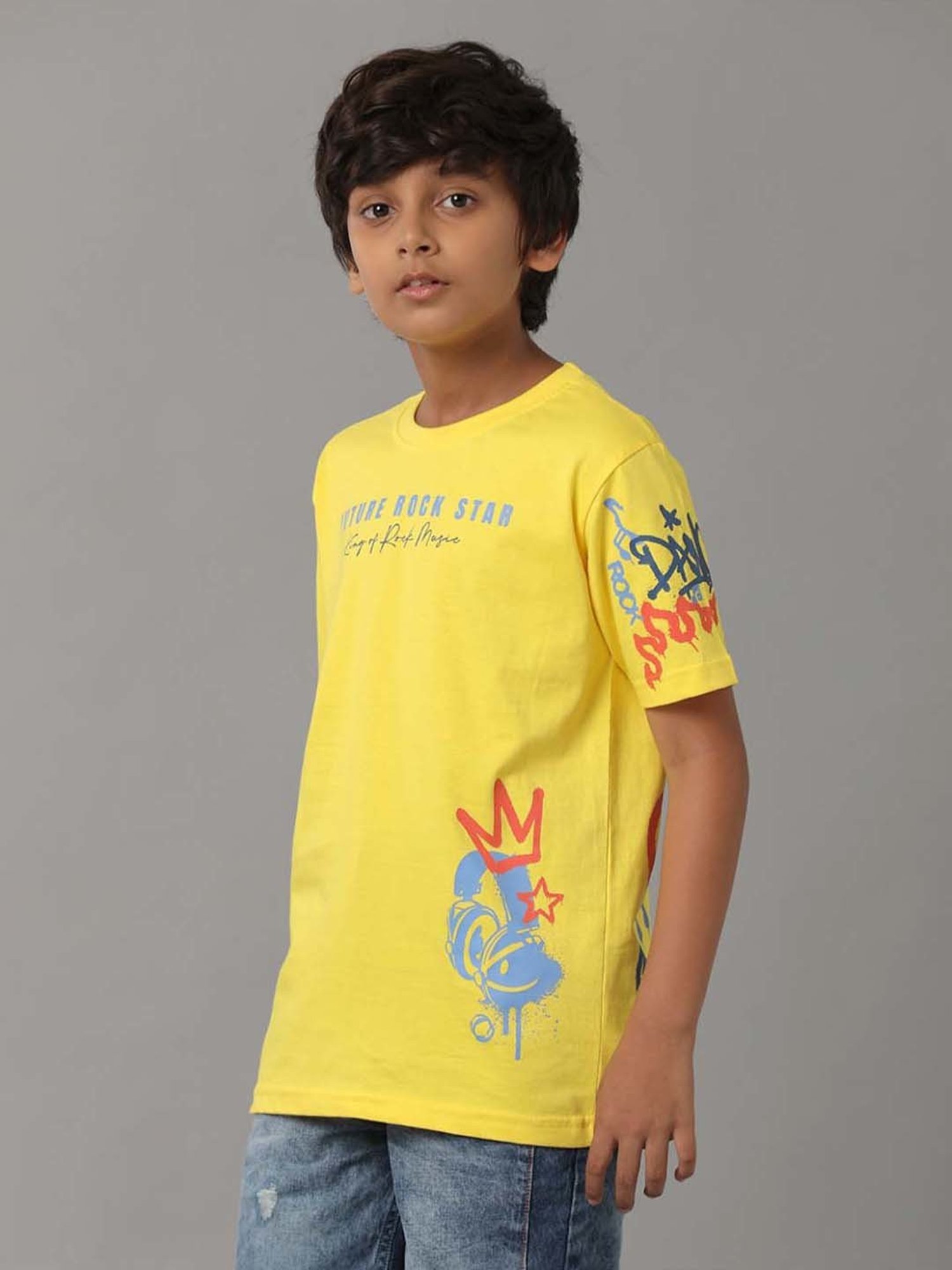 Under Fourteen Only Kids Yellow Cotton Printed T-Shirt