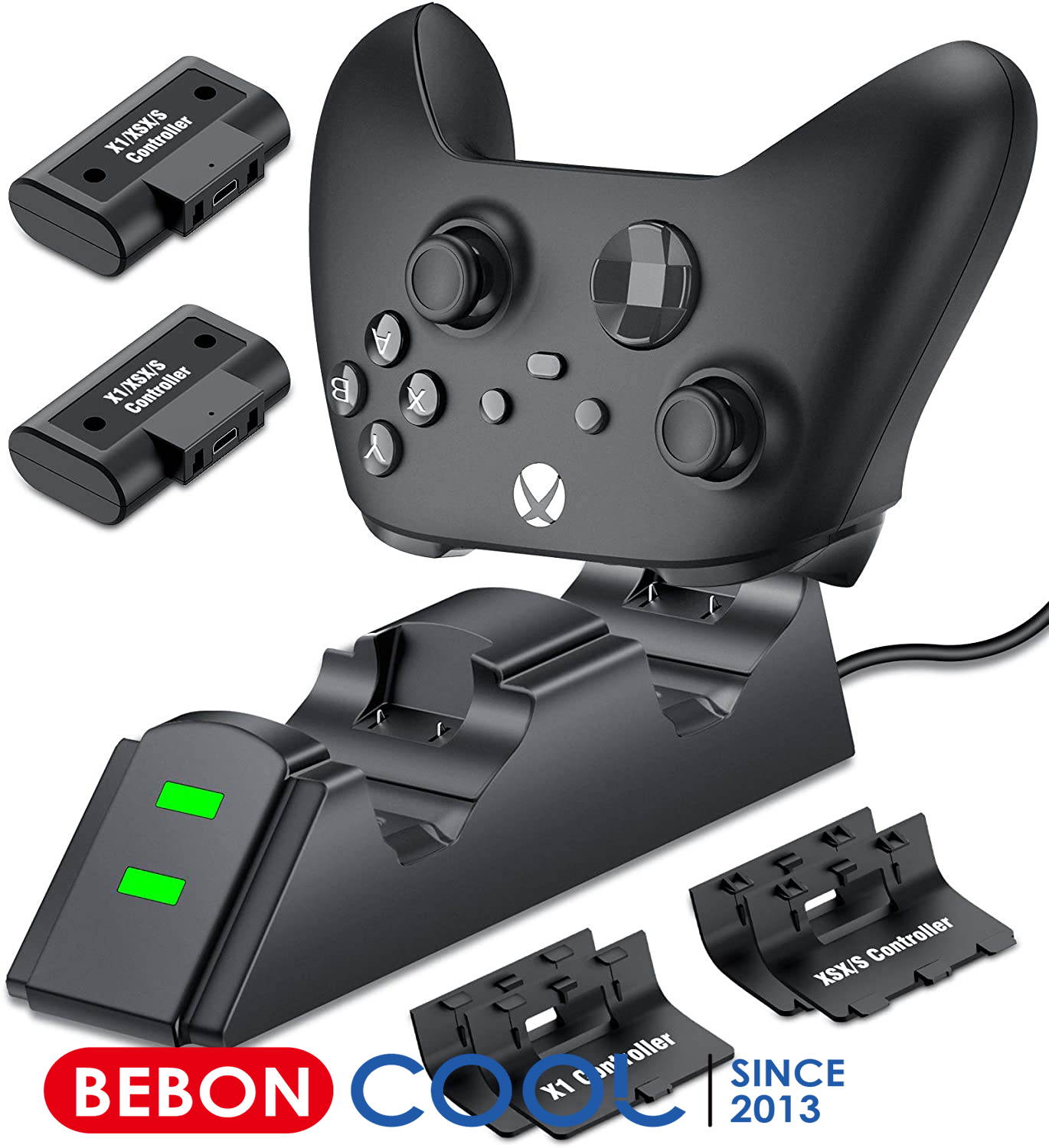 BEBONCOOL Xbox one controller charger,Controller Charger Station for Xbox One/One S/One X/One Elite/Series X|S with 2X 1200mAh Battery Pack