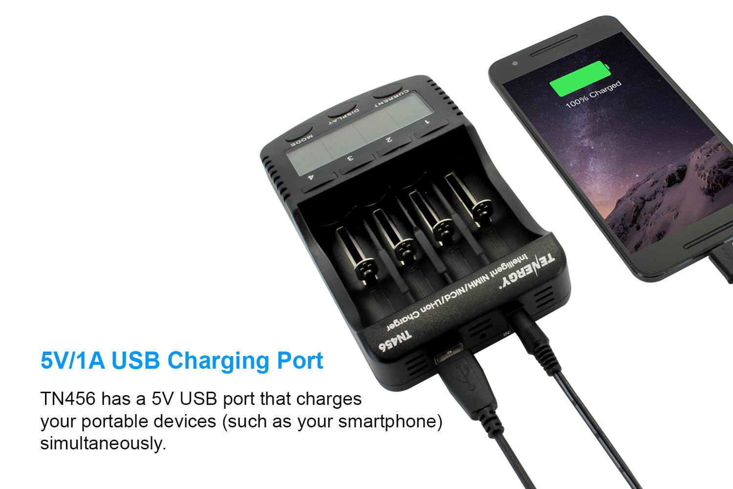 Tenergy TN456 Intelligent Universal Digital Battery Charger for Li-ion NiMH NiCd Rechargeable Batteries - 4 Slots, LCD Screen, USB Output Plug