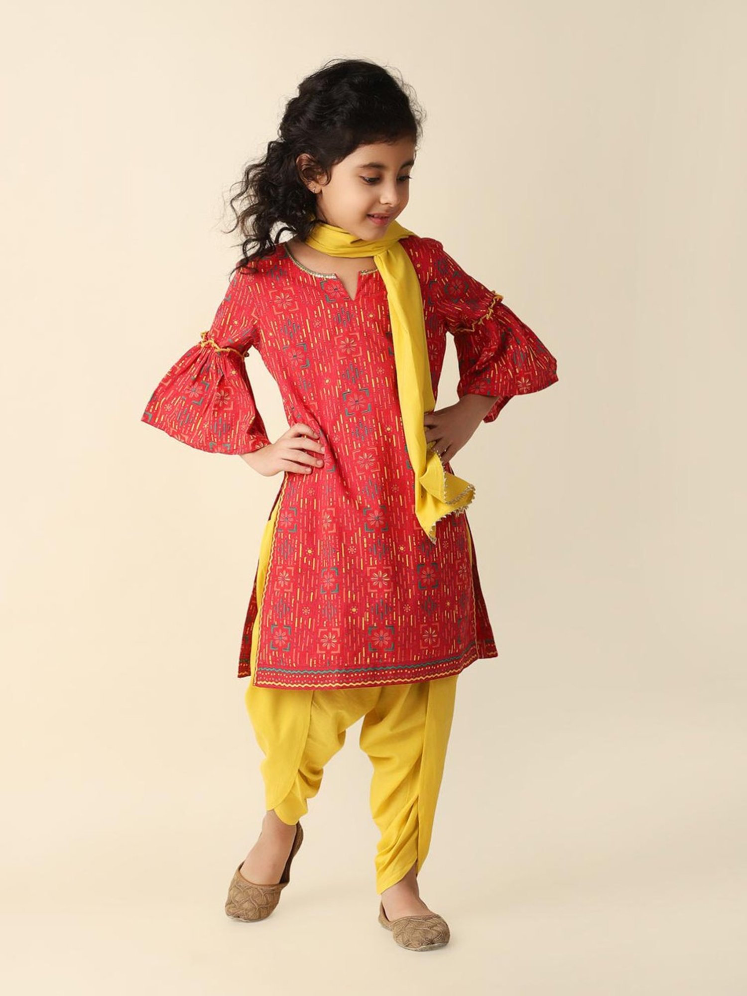 Fabindia Kids Red & Yellow Printed Kurta, Salwar with Dupatta