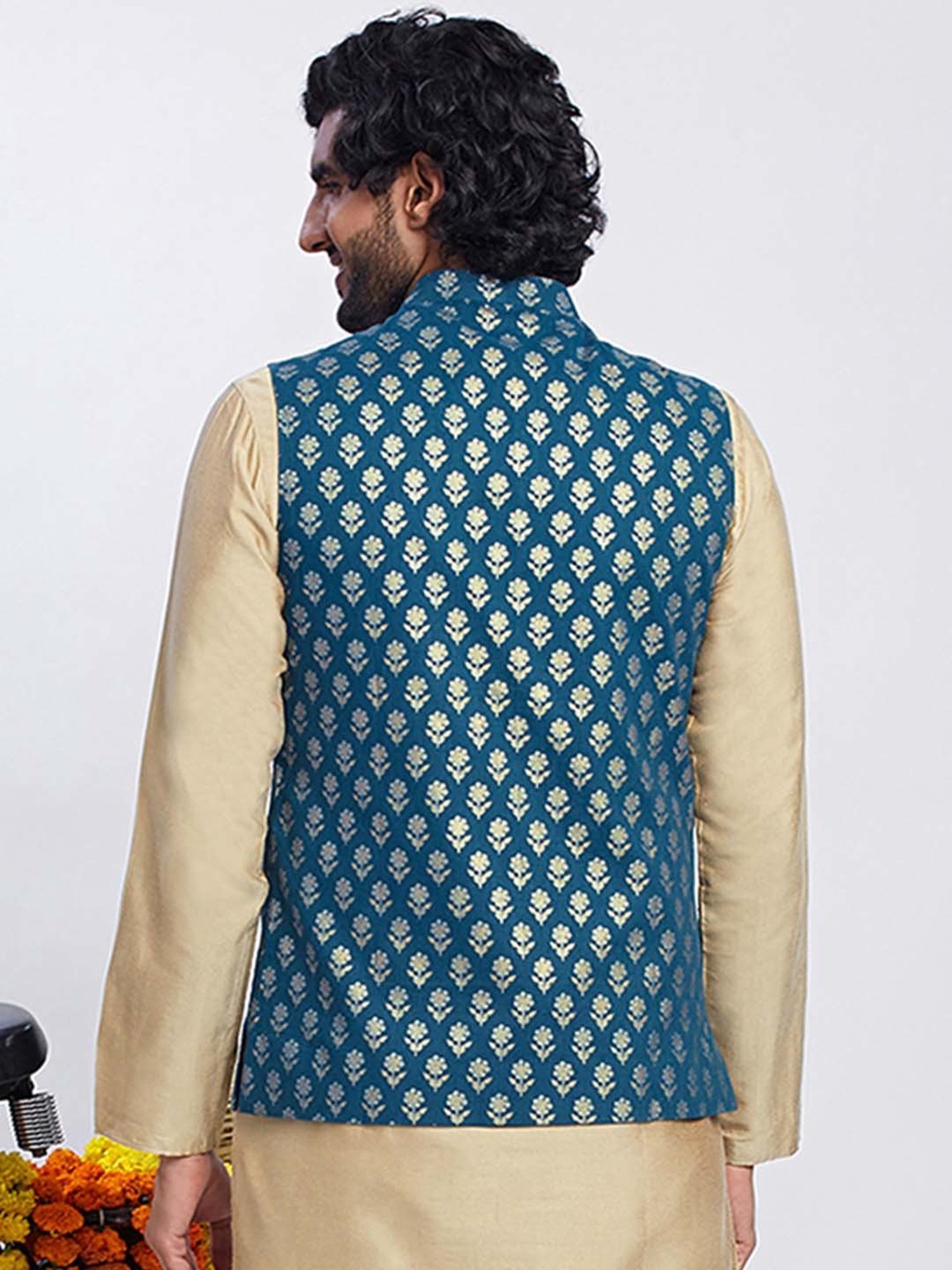 KISAH Teal Regular Fit Printed Nehru Jacket