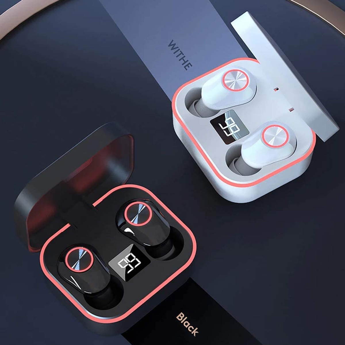 LED Wireless Earbuds, TWS Bluetooth 5.1 Headphones Stereo Sound Earphones 46H Playtime Charging Case Gaming Headsets Sweat Proof Dual Headset with Built-in Noise Cancelling Mic for Sports, White, BE56