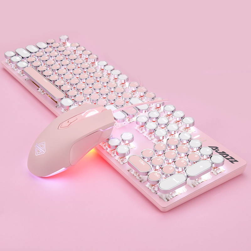 A-jazz Ergonomic Design,Cool Exterior USB Wired N-key Rollover Blue Switch Mechanical Gaming Keyboard And 2400DPI Mouse Combo For Office And Game - WhitePinkVersion
