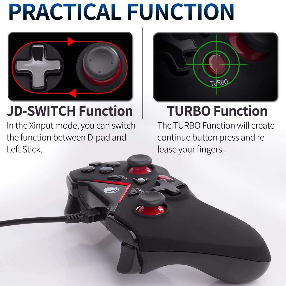 IFYOO-V108-Red V-one Wired USB Gaming Controller Gamepad Joystick for PC (Windows XP/7/8/10) & Steam & Android & PS3 - [Red]