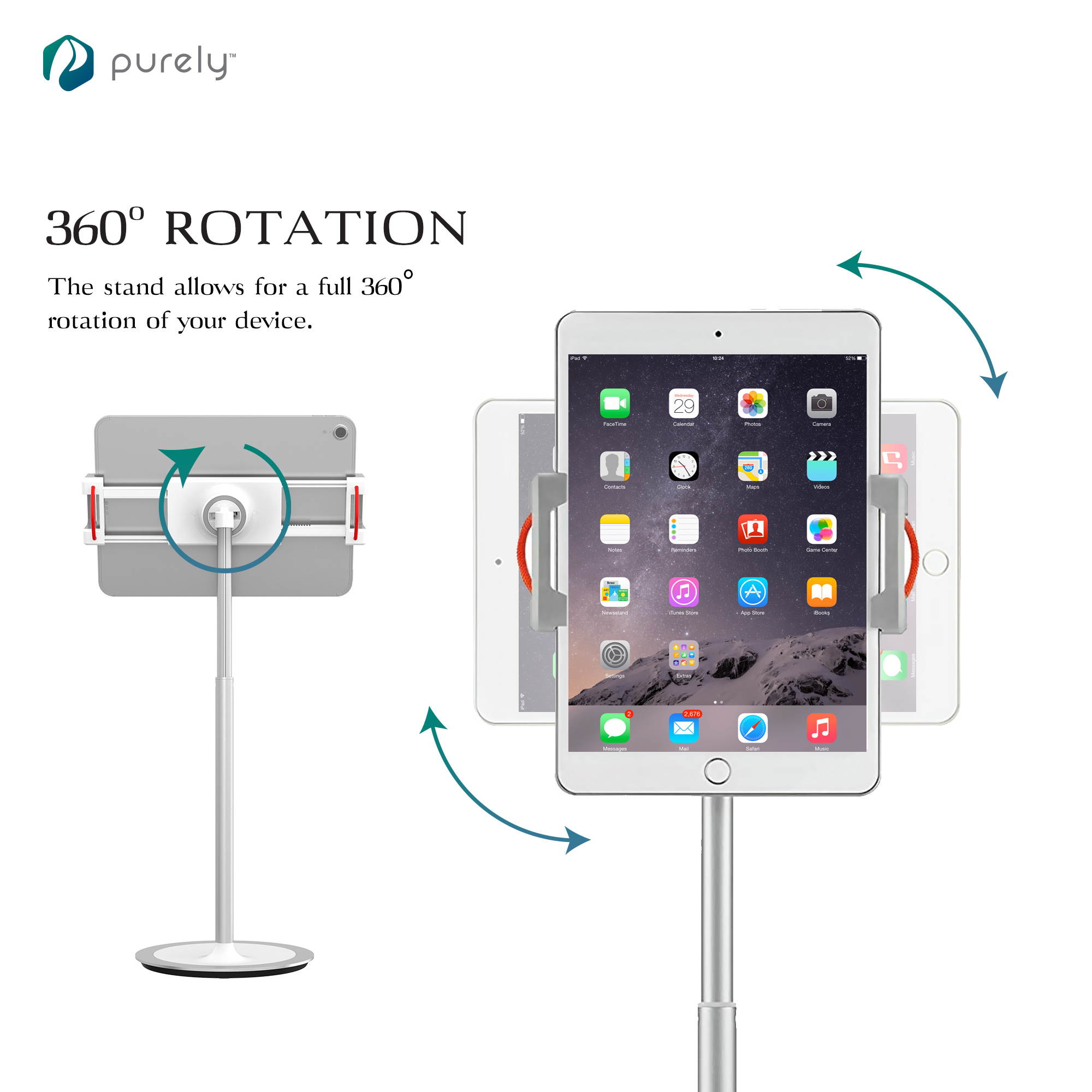 Purely Adjustable Phone and Tablet Stand | Holder for Desk with Clamp for iPhone, iPad, Android, and Tablets - Full 360&deg; Motion and Weighted Base, Adjustable Height from 11"-18" &ndash; White