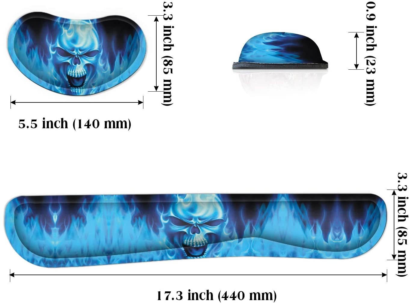 Meffort Inc Gaming Keyboard Wrist Pad & Mouse Wrist Rest Cushion Support Combo Set &ndash; Durable Ergonomic Anti Slip Non-Slip Base - Blue Skull