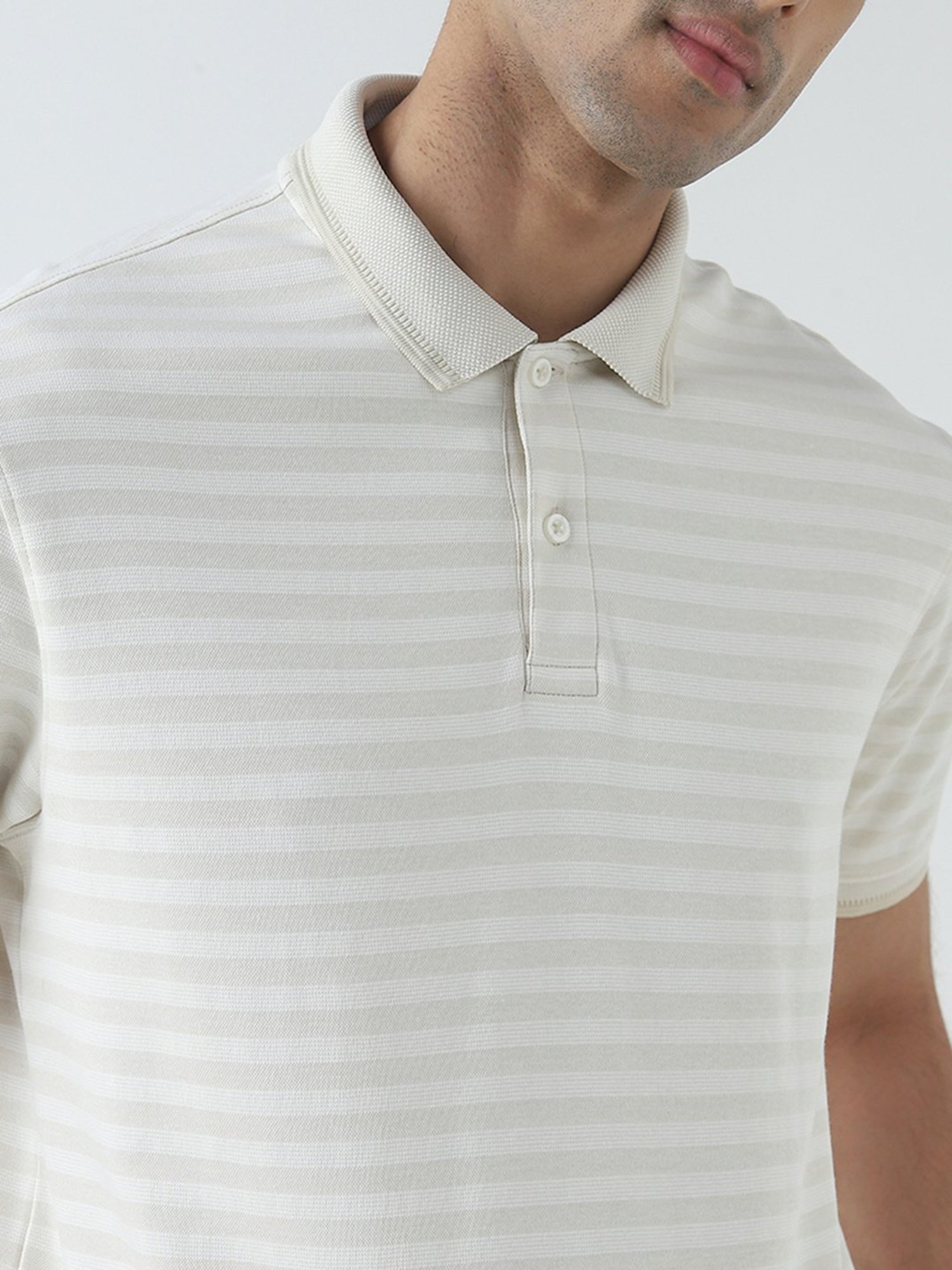WES Casuals by Westside Beige Stripe Design Relaxed-Fit Polo T-Shirt