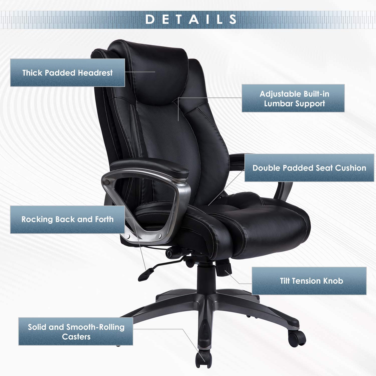 Bonded Leather Office Chair - Adjustable Built-in Lumbar Support and Tilt Angle High Back Executive Computer Desk Chair for Office Workers & Students