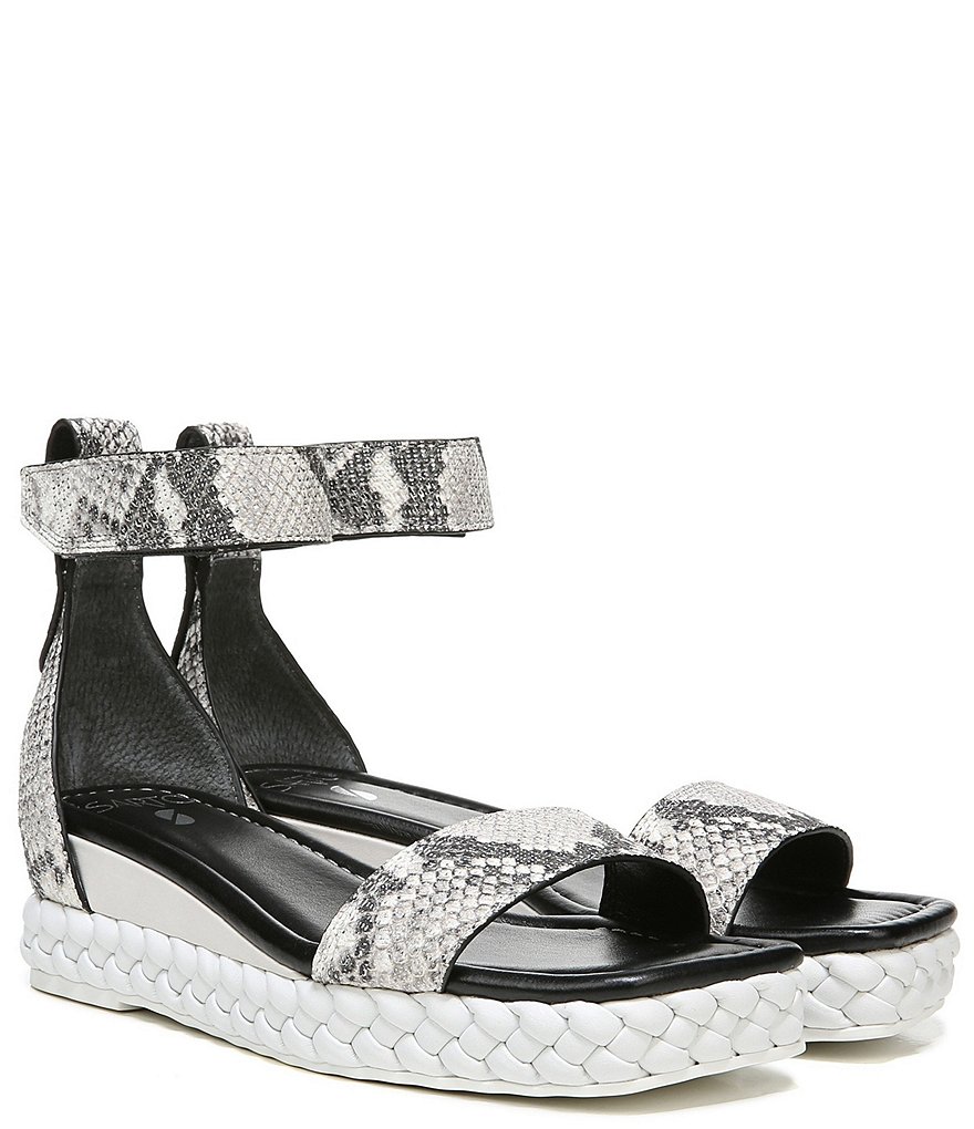 Sarto by Franco Sarto Tiana2 Square Toe Snake Print Leather Ankle Strap Platform Wedge Sandals