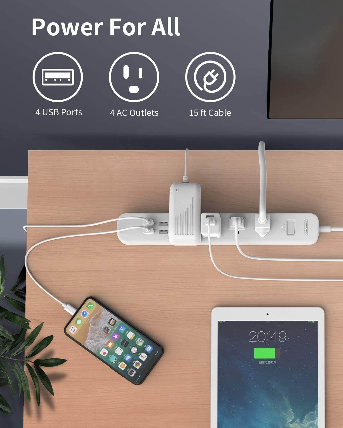 Surge Protector Power Strip - NTONPOWER Flat Plug Power Strip with USB, 15ft Extension Cord, 4 Outlets 4 USB Desktop Charging Station, 1700 Joule, Circuit Breaker, for Home, Office and More, UL Listed