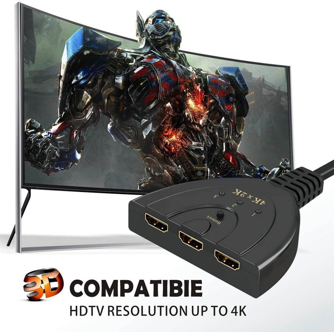 HDMI Switch, 3 Port 4K HDMI Switch 3x1 Switch Splitter with Pigtail Cable Supports Full HD 4K 1080P 3D Player