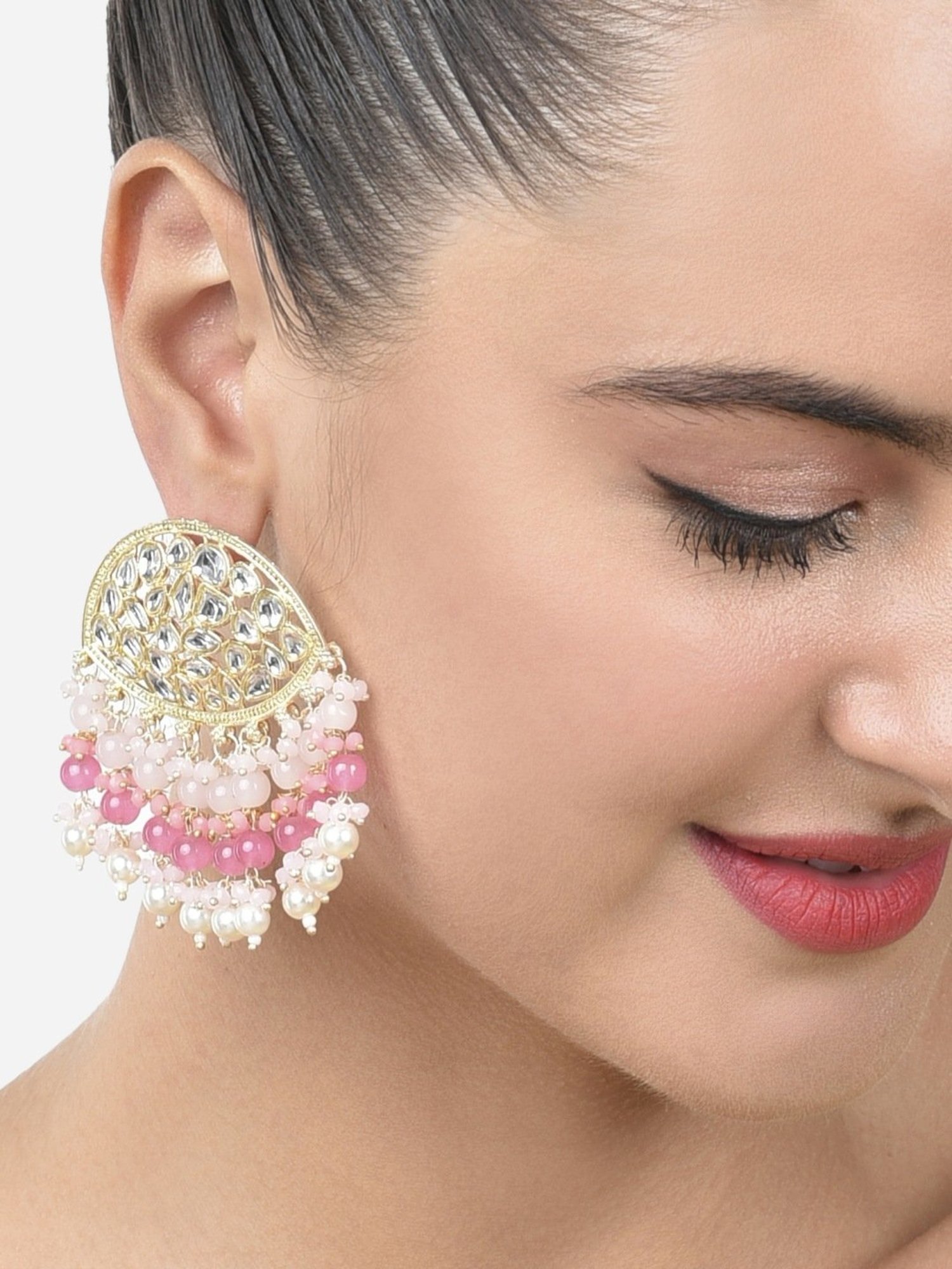 Zaveri Pearls Pink Cluster Beaded Ethnic Kundan Drop Earrings-ZPFK15187