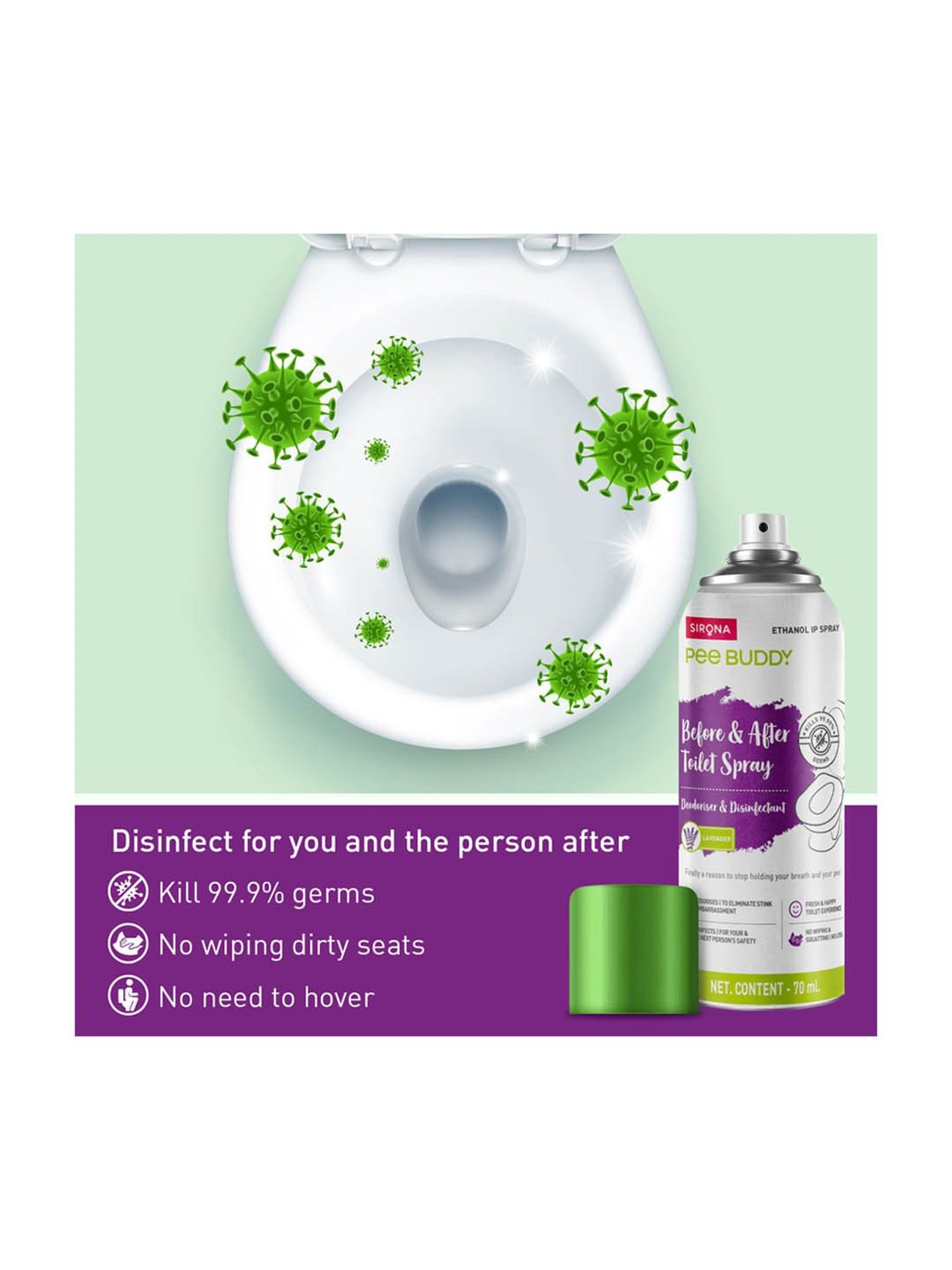 Pee Buddy Toilet Seat Deodorizer and Disinfectant Spray Lavender Spritz - 70 ml