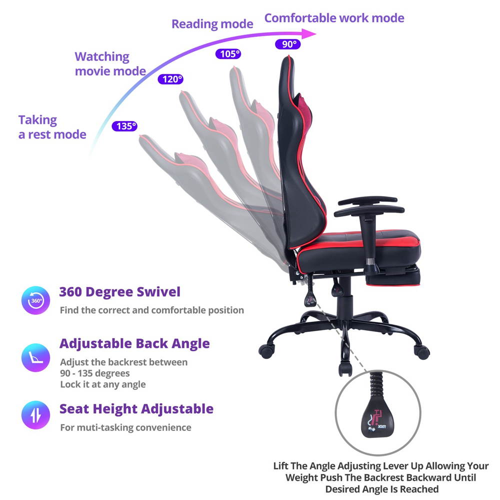VON RACER Massage Gaming Chair - High Back Racing PC Computer Desk Office Chair Swivel Ergonomic Executive Leather Chair with Footrest and Adjustable Armrests(Grey)