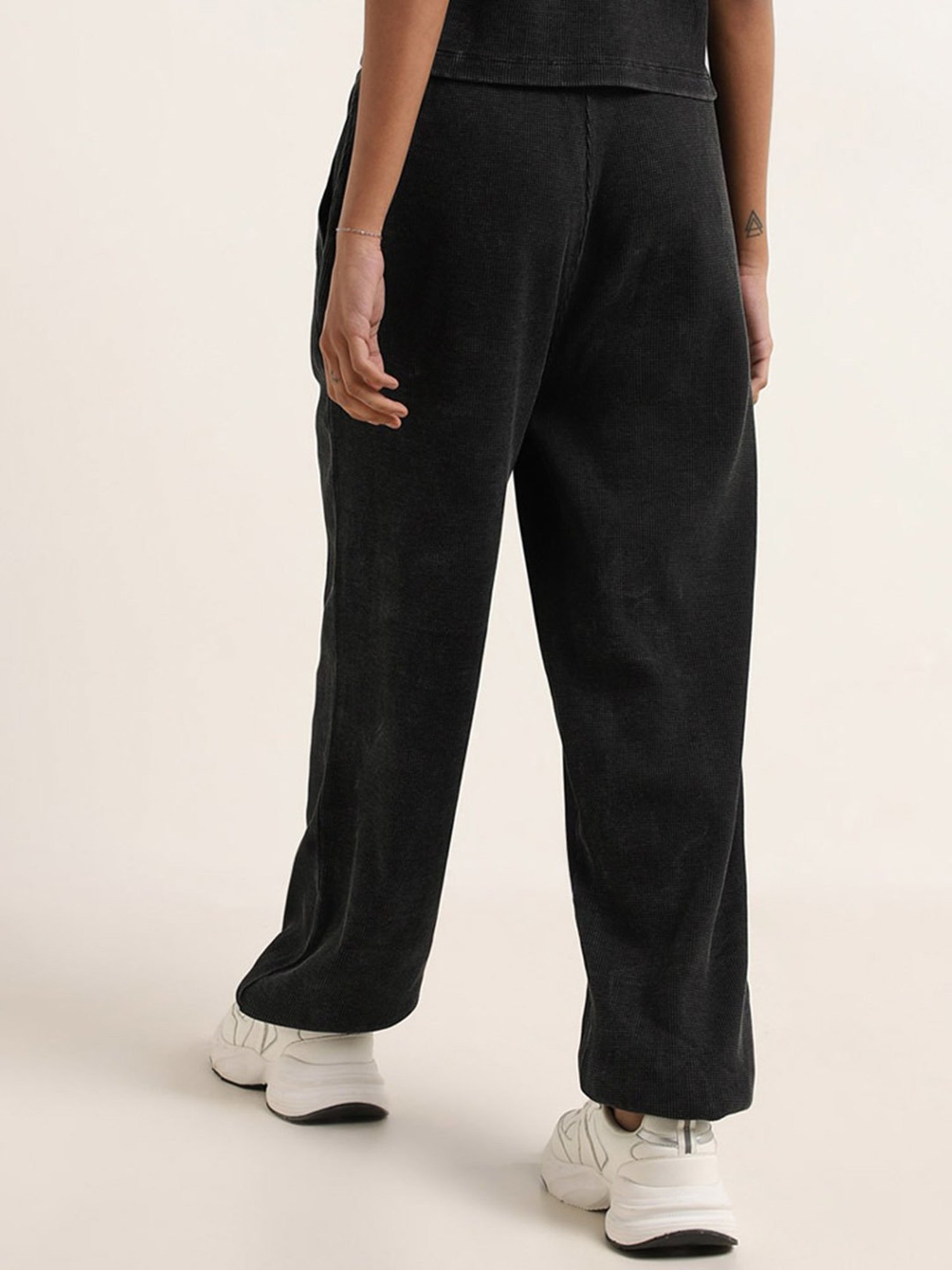 Studiofit by Westside Black Waffle Textured High-Rise Cotton Track Pant