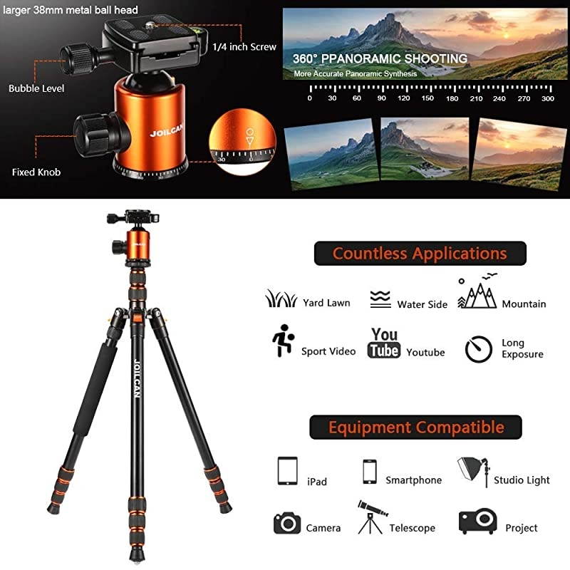 80inch Tripod for Camera Aluminum Tripod for DSLRMonopod Lightweight Tripod with 360 Degree Ball Head Stable for Travel and Work 185quot80quot19lb Load Orange