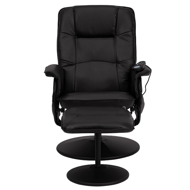 Flash Furniture Massaging Adjustable Recliner with Deep Side Pockets and Ottoman with Wrapped Base in Black LeatherSoft