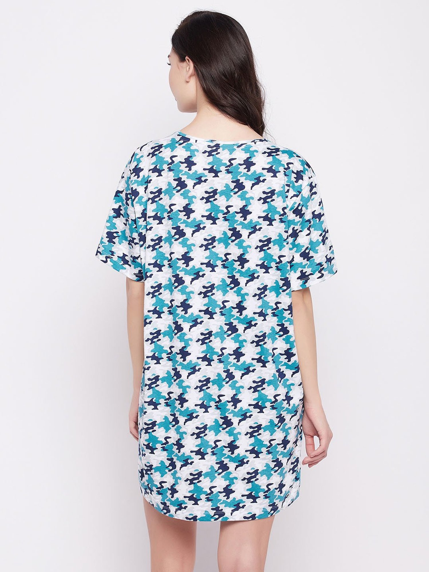 Clovia White & Blue Cotton Printed Oversized T-Shirt