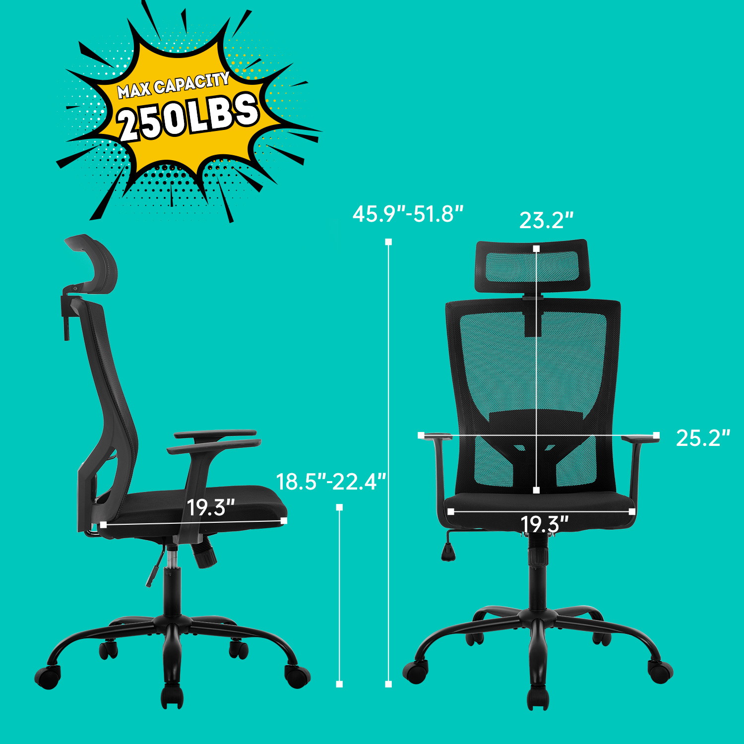 Ergonomic Office Chair Swivel Home Office Desk Chair with Head Pillow Breathable Mesh Backrest Adjustable Seat Height Firm Arm Rests Mesh Chair for Working and Resting (Black)