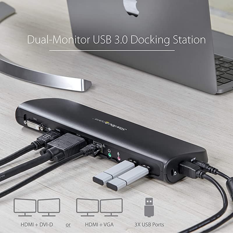 com USB 3.0 Docking Station with HDMI and DVI/VGA - Dual Monitor - Universal Laptop Dock - Mac and Windows Compatible (USB3SDOCKHDV) , Black