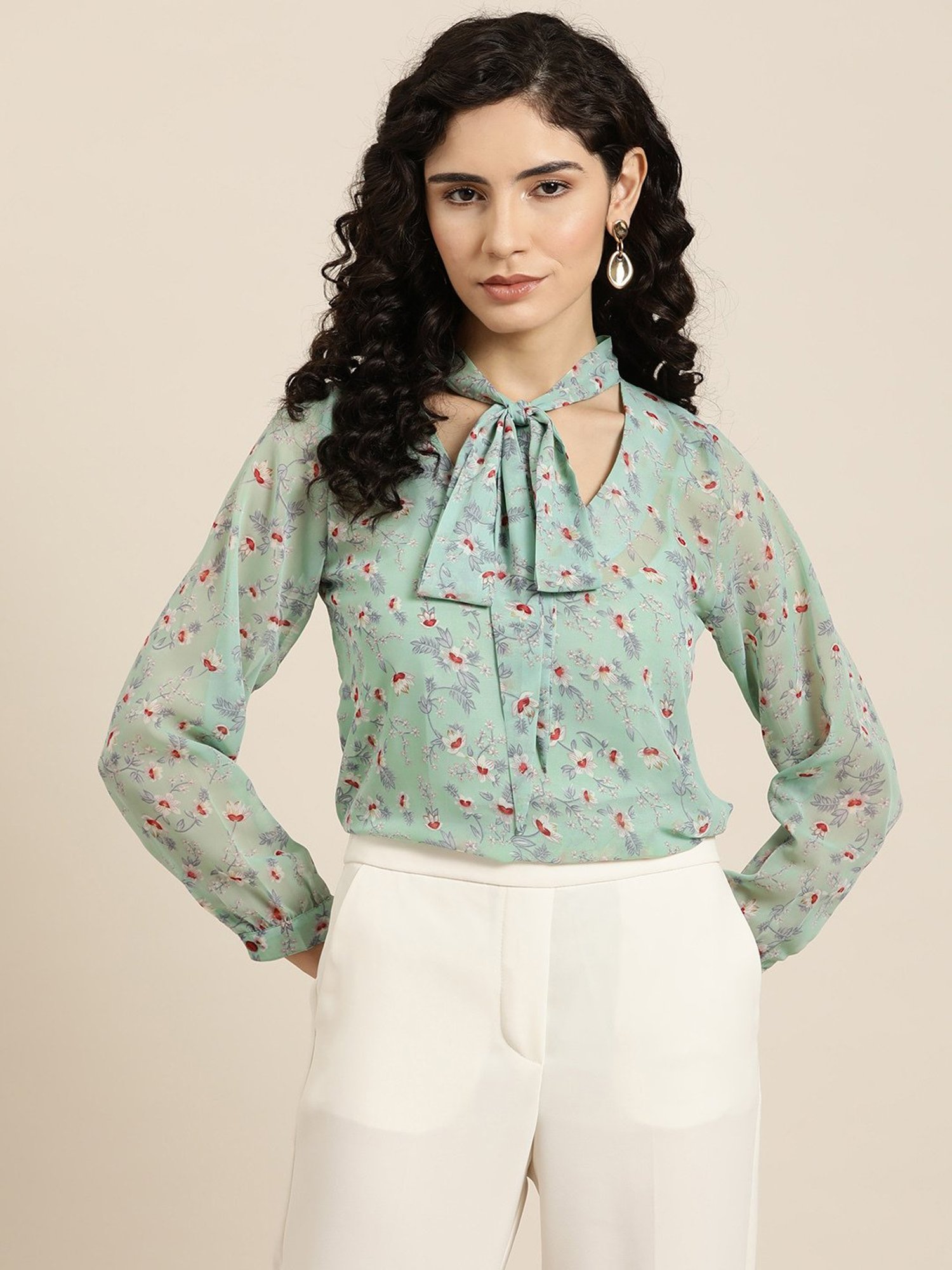 Qurvii Sea Green Floral Print Top