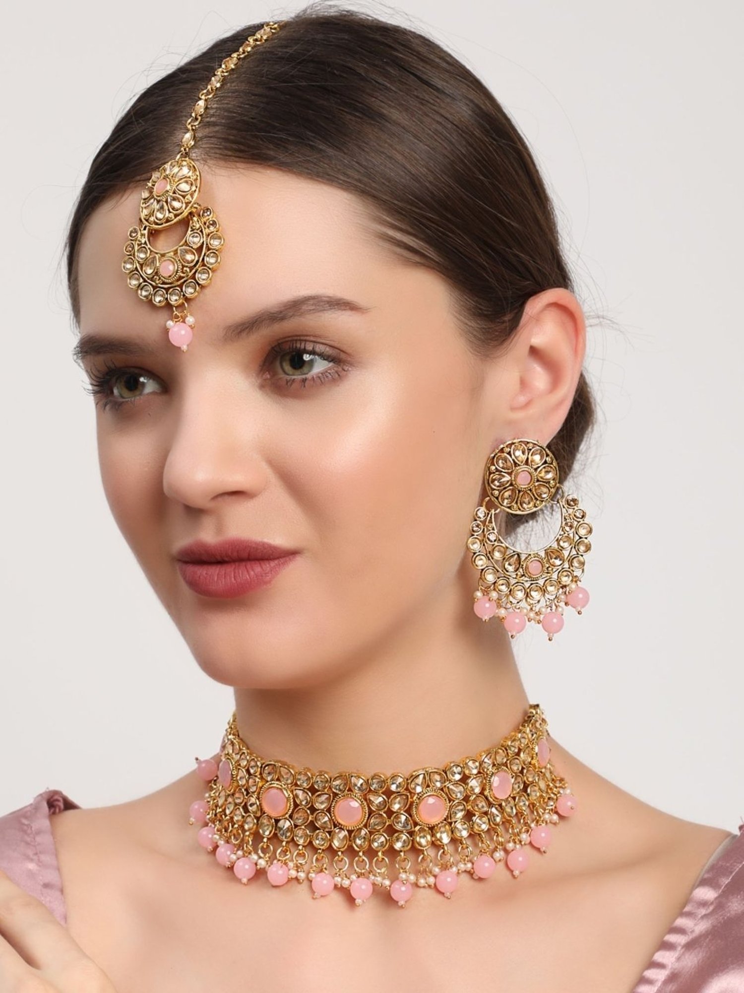 Aatmana White & Pink Pearls Kundan Beads Gold-Plated Necklace Set with MaangTikka for Women