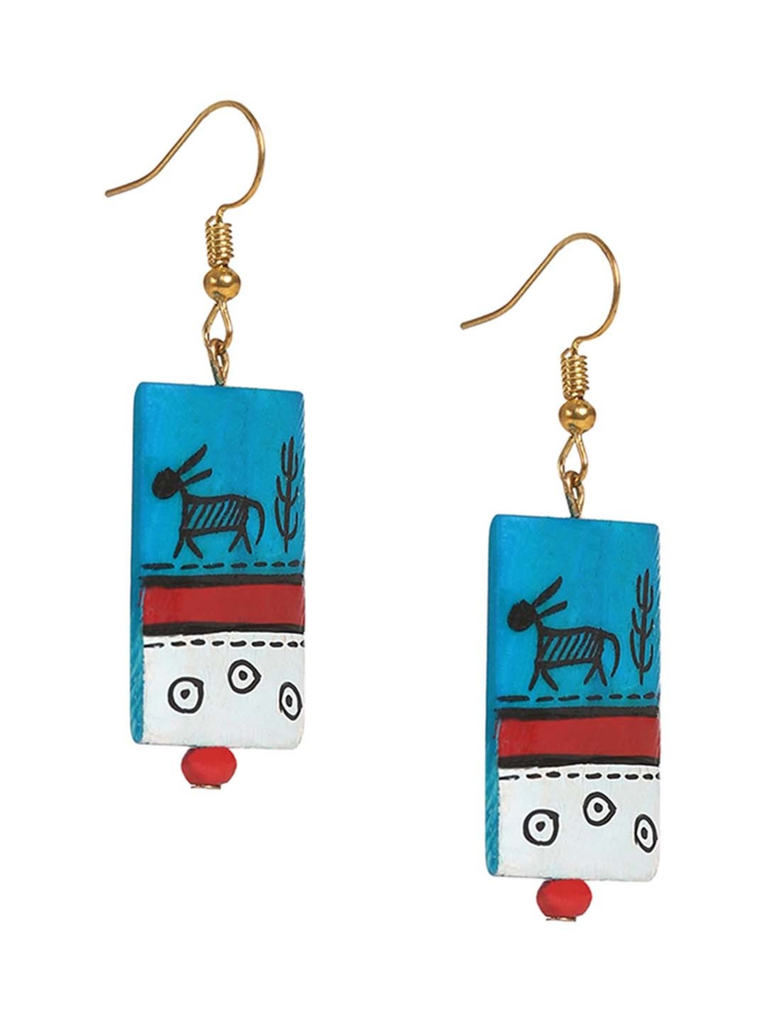 ExclusiveLane 'Tribal Warli Rectangles' Teal Blue & Red Resin Earrings in Warli Art