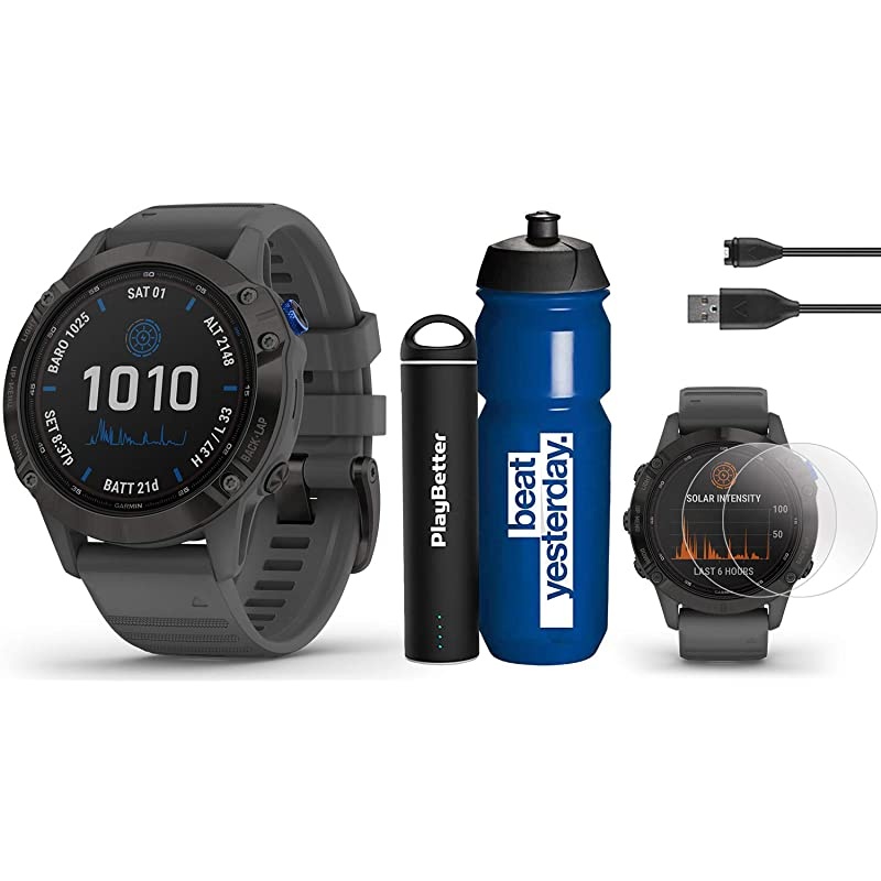 Garmin Fenix 6 Pro Solar (Black with Slate Gray Band) Runner's Bundle | +Garmin Water Bottle, HD Screen Protectors &  Charger | Solar Charging, PacePro & Music