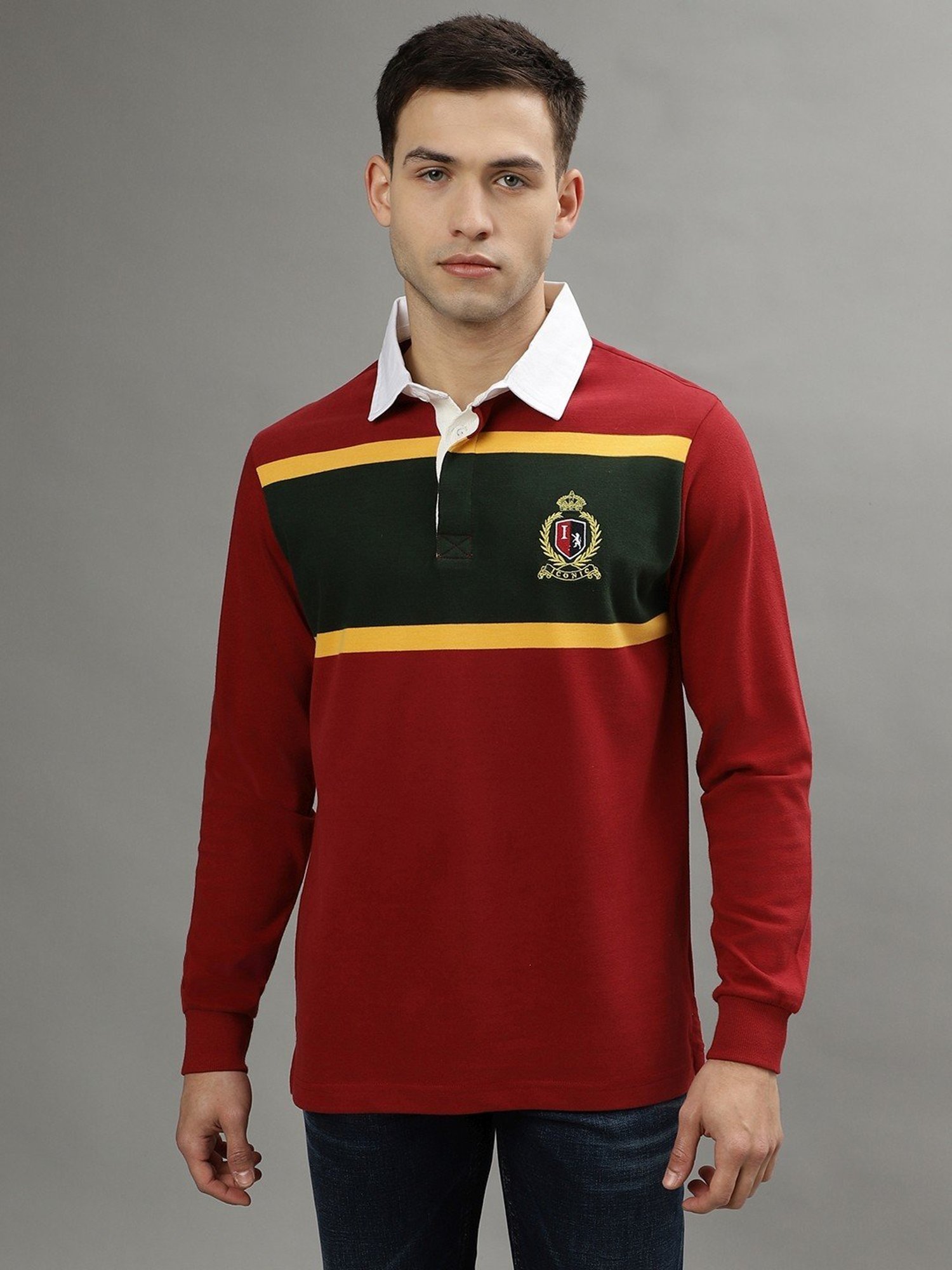 Iconic Red Cotton Regular Fit Colour Block Polo T-Shirt