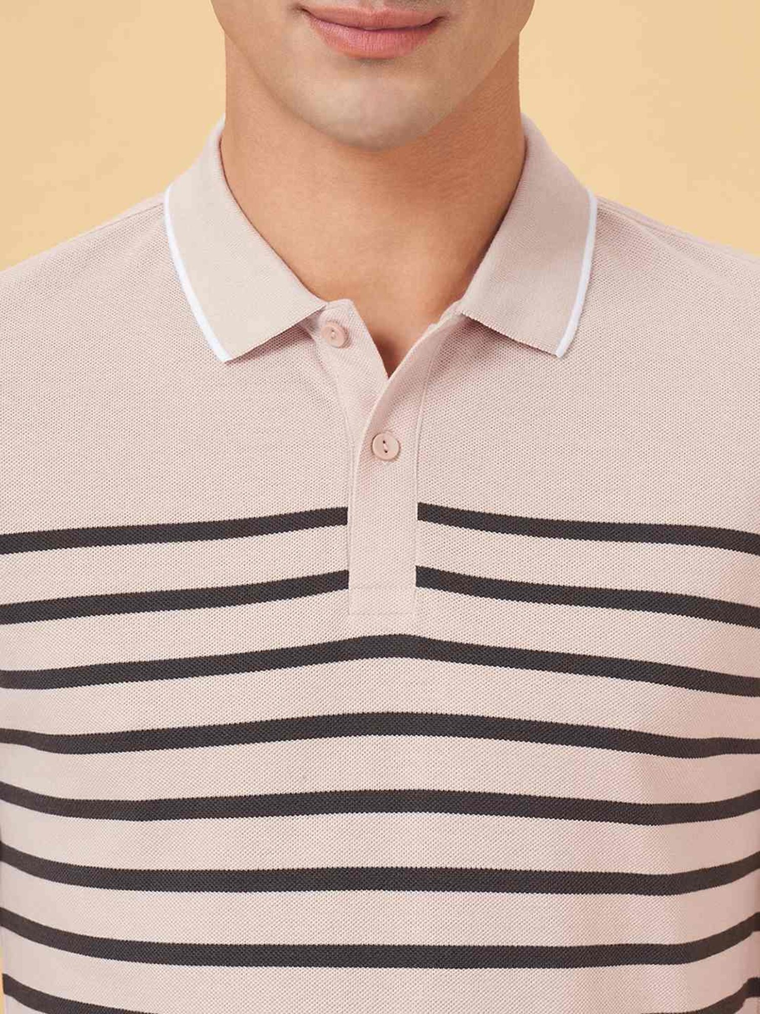 Byford By Pantaloons Beige Slim Fit Striped Polo T-Shirt