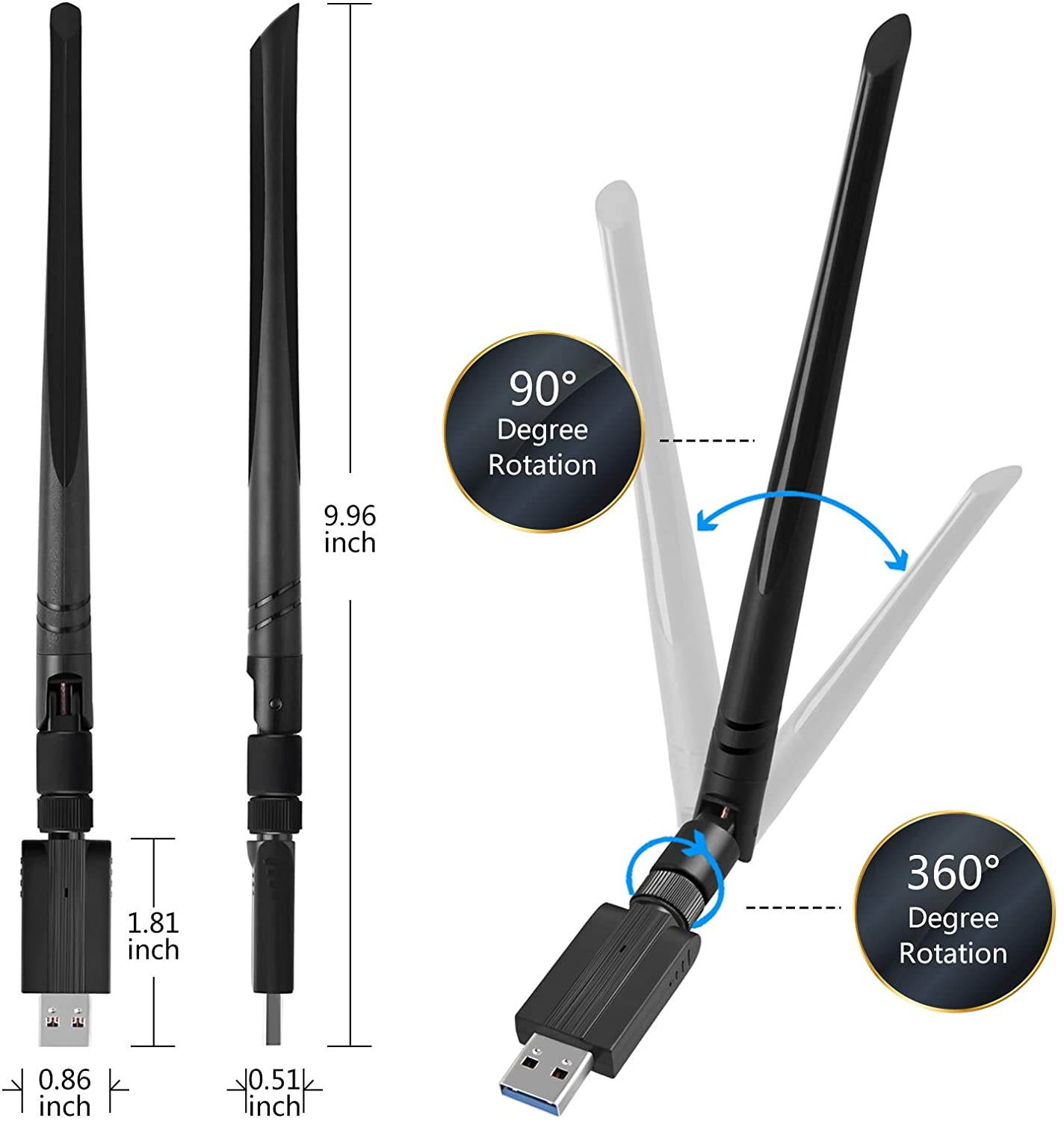 USB Wireless WiFi Adapter, 1200Mbps USB3.0 WiFi Dongle 2.4G/5G 802.11ac Network Adapter with High Gain Antenna for Desktop Laptop PC Support Windows XP/10/8/8.1/7/Vista,OS 10.6-10.15