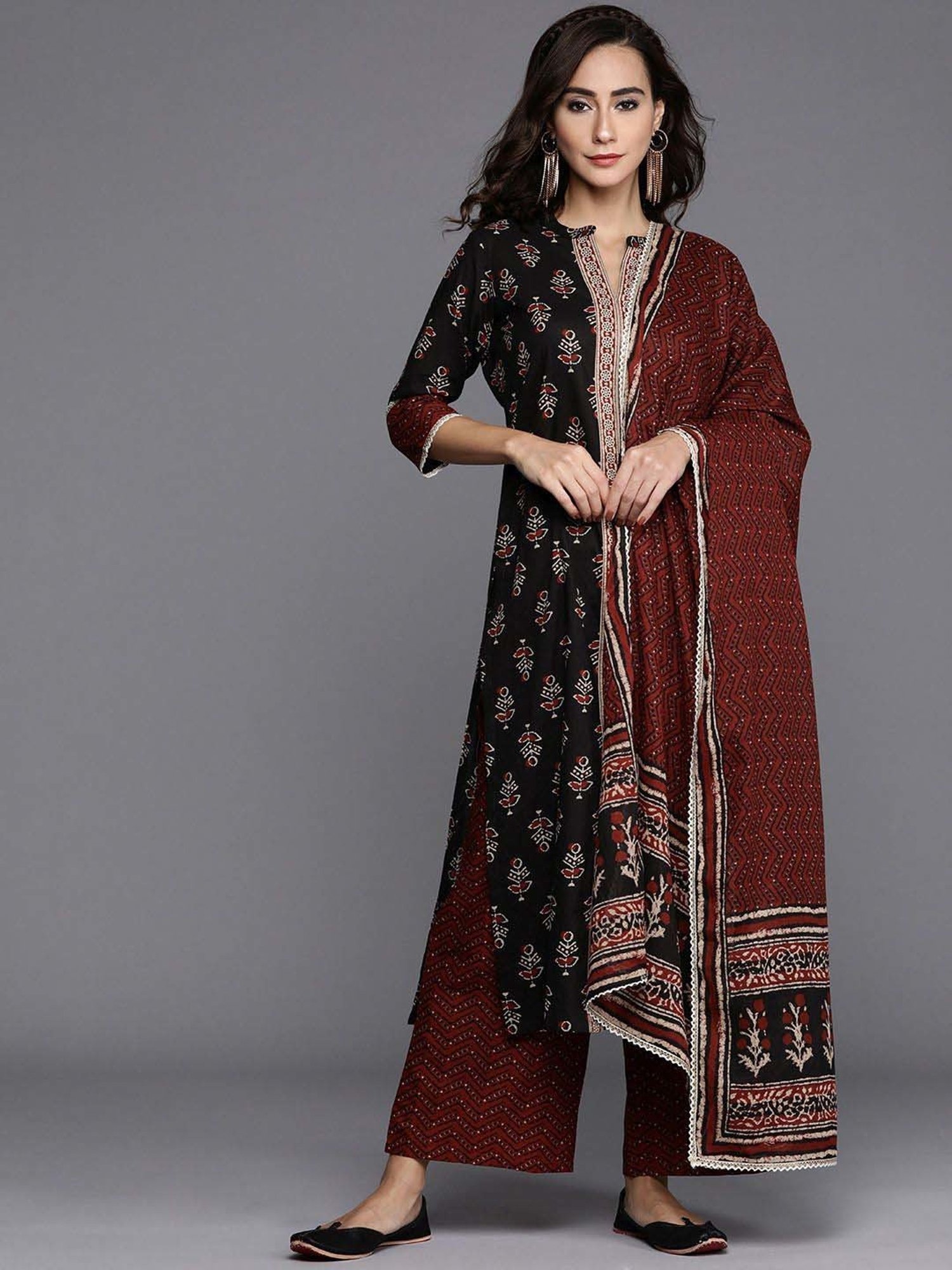 Libas Black & Maroon Cotton Printed Kurta Palazzo Set With Dupatta