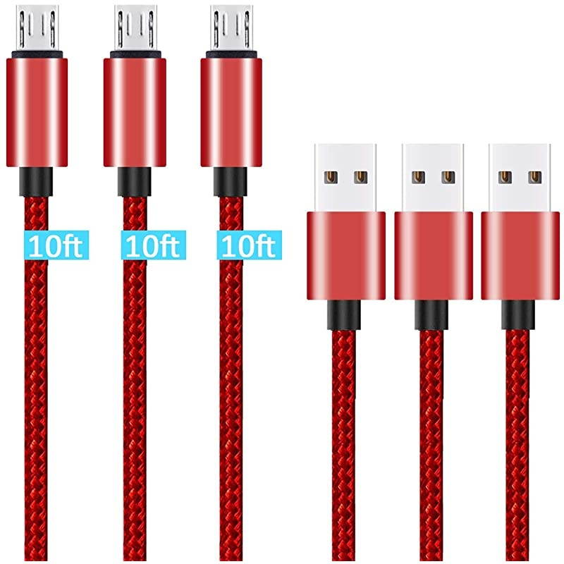 Micro USB Cable 10ft 3Pack by  High Speed 2.0 USB A Male to Micro USB Sync Charging Nylon Braided Cable for Android Phone Charger Cable Tablets Wall and Car Charger Connection Red