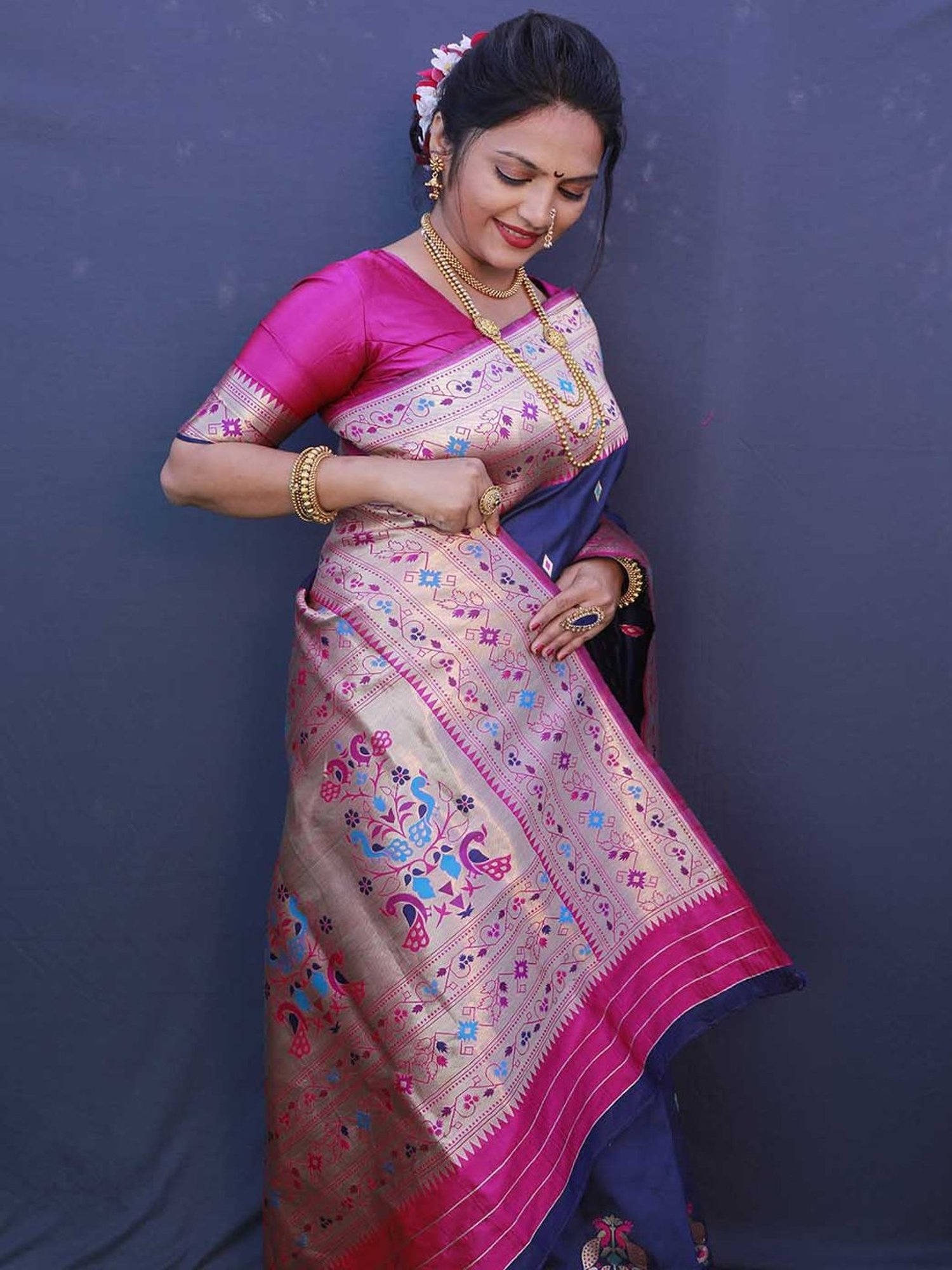 SHUBHKALA Blue Silk Woven Saree With Unstitched Blouse