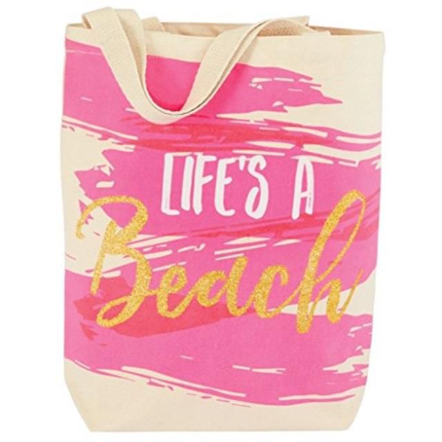 mud pie women's fashion life's a beach canvas tote life is a beach pink
