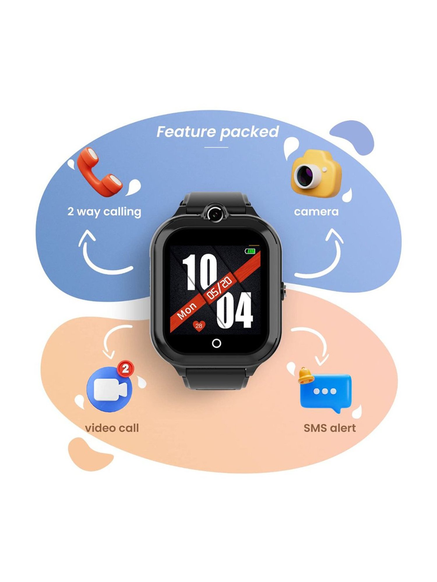 Turet Smartwatch for Kids with Camera, Phone Book, SMS, 2-Way Video Calling, 4G Sim, No GPS (Black)