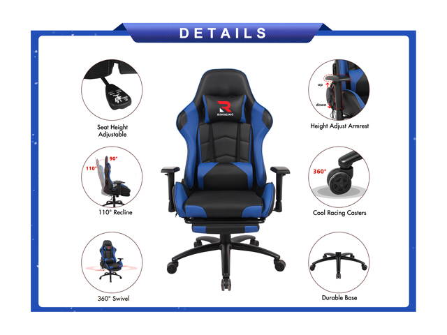 Massage Racing Chair with Retractable Footrest Gaming Chair - Computer Office Adjustable Lumbar Cushion Headrest Swivel Rocking Function Desk Chair 5 Colors
