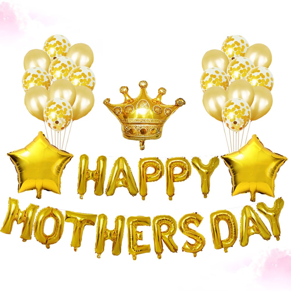 1 Set Golden Printing Aluminum Foil Balloons Confetti Balloons Set Latex Mothers Day Party Layout Crown Star Balloons Decorations Party Supplies