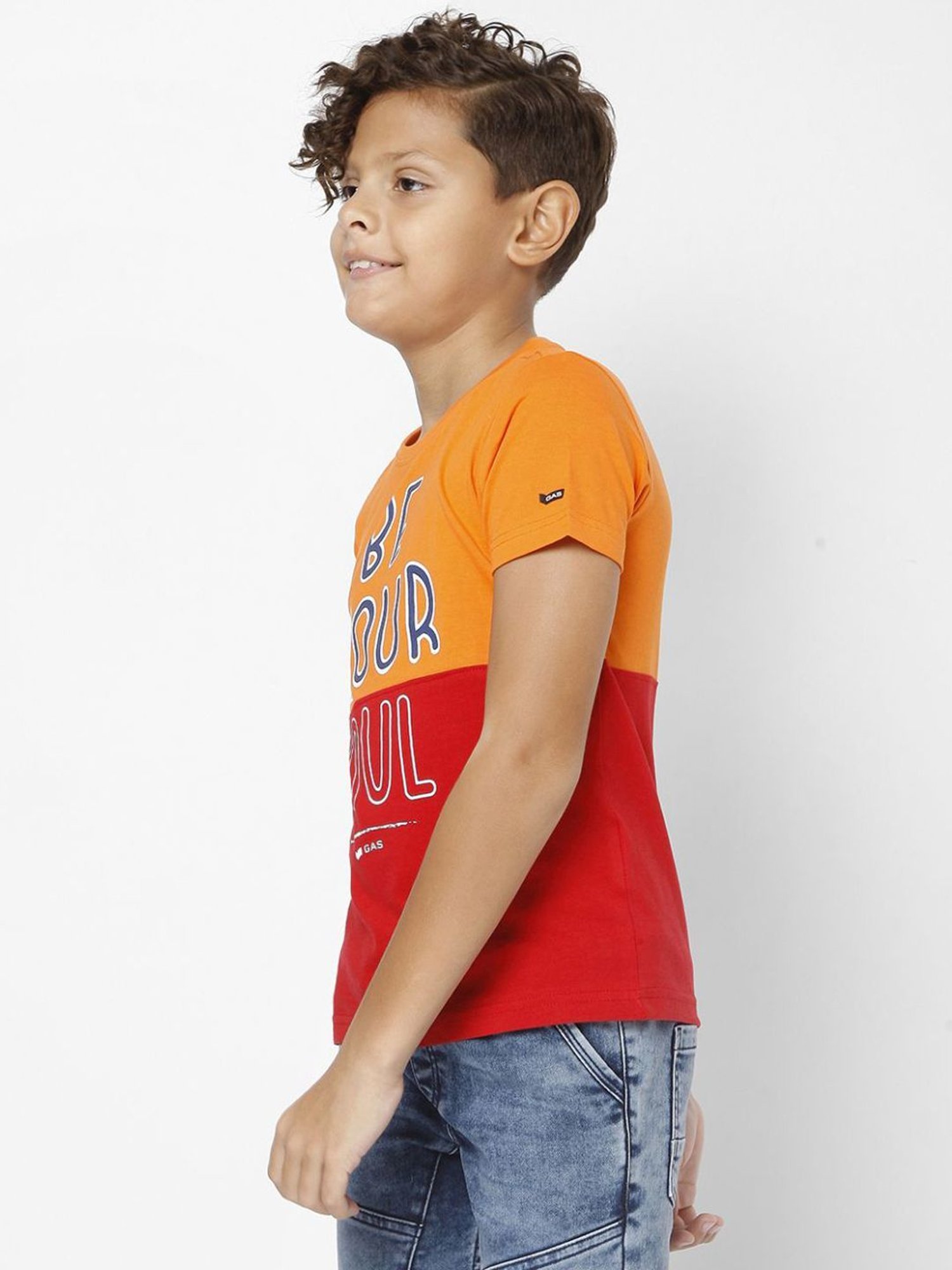 Gas Boys Orange & Red Cotton Color Block T-Shirt
