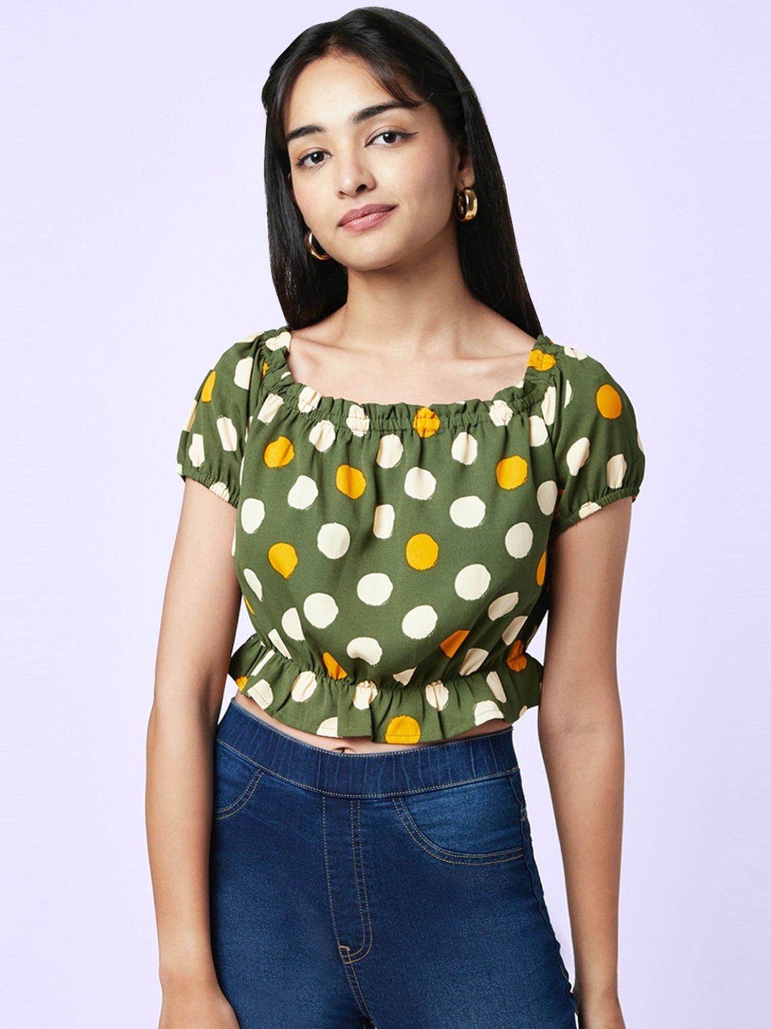 YU by Pantaloons Green Cotton Polka Dots Crop Top