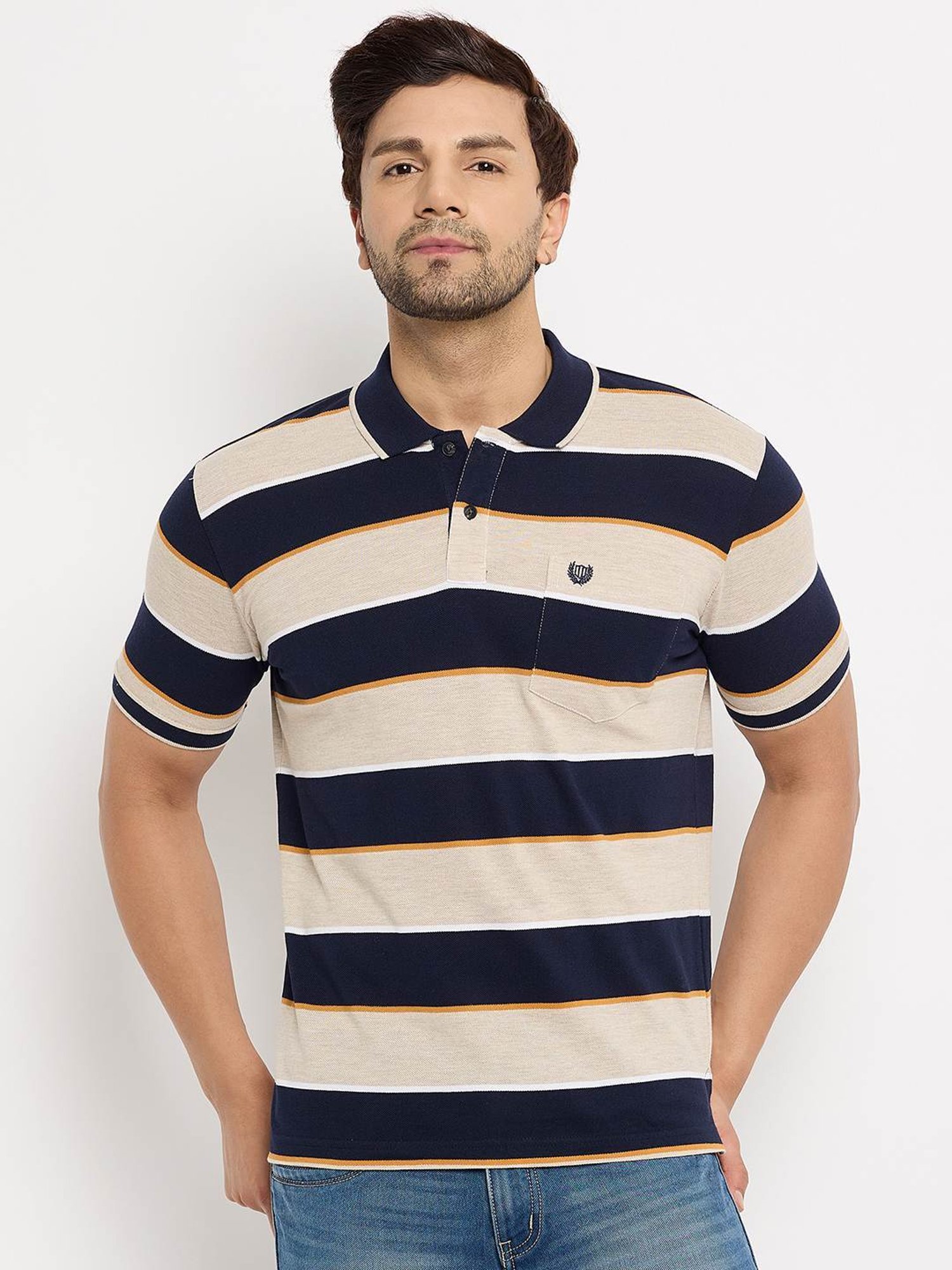 Duke Beige Regular Fit Striped Polo T-Shirt